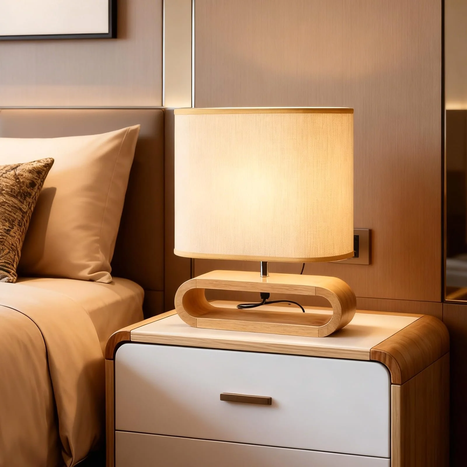 Настільна лампа SUNOYA дерев'яна з лляним плафоном та 3 режимами світла, фото №7