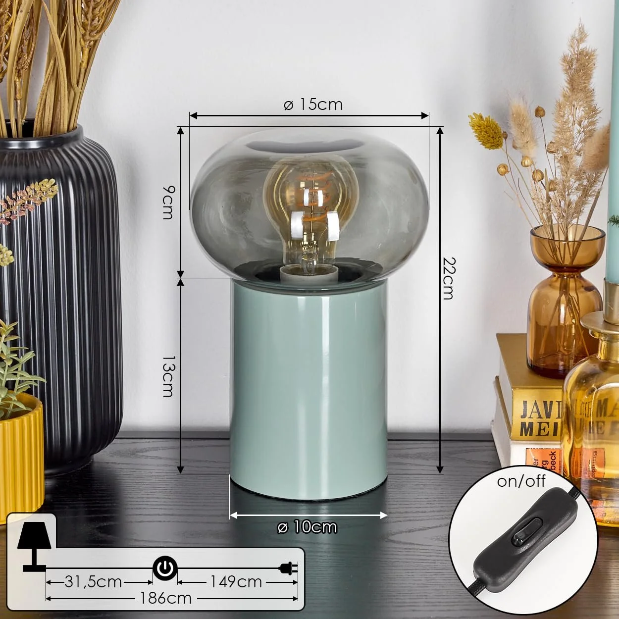 Настільна лампа Tati Метал/Скло Retro Vintage 15 см 22 см 1 x E27 Бірюзовий/Димчастий, фото №5