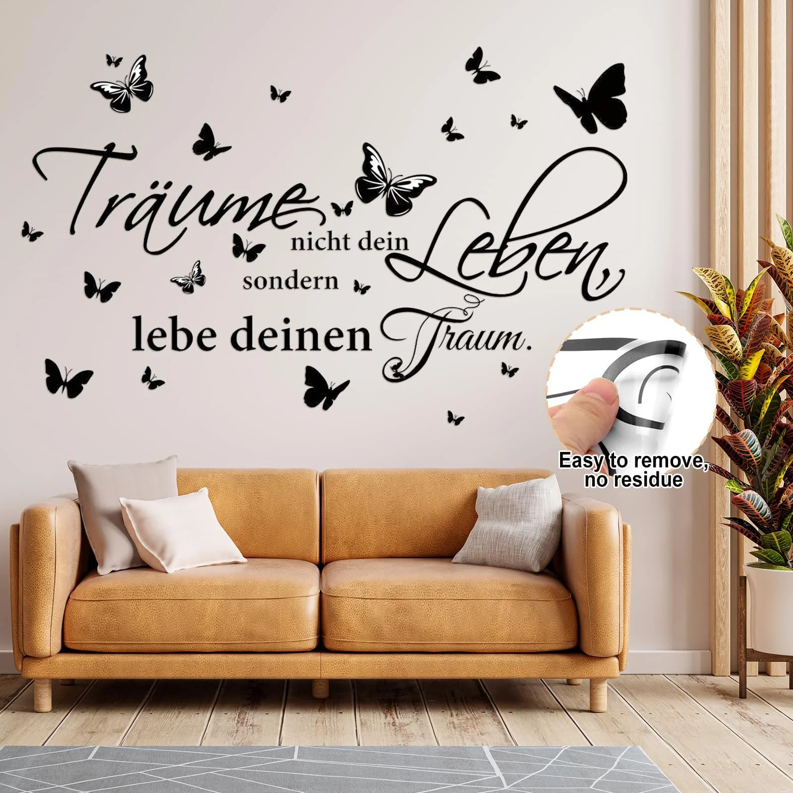 Наклейка на стіну Träume nicht dein Leben, sondern lebe deinen Traum з метеликами чорна, фото №5