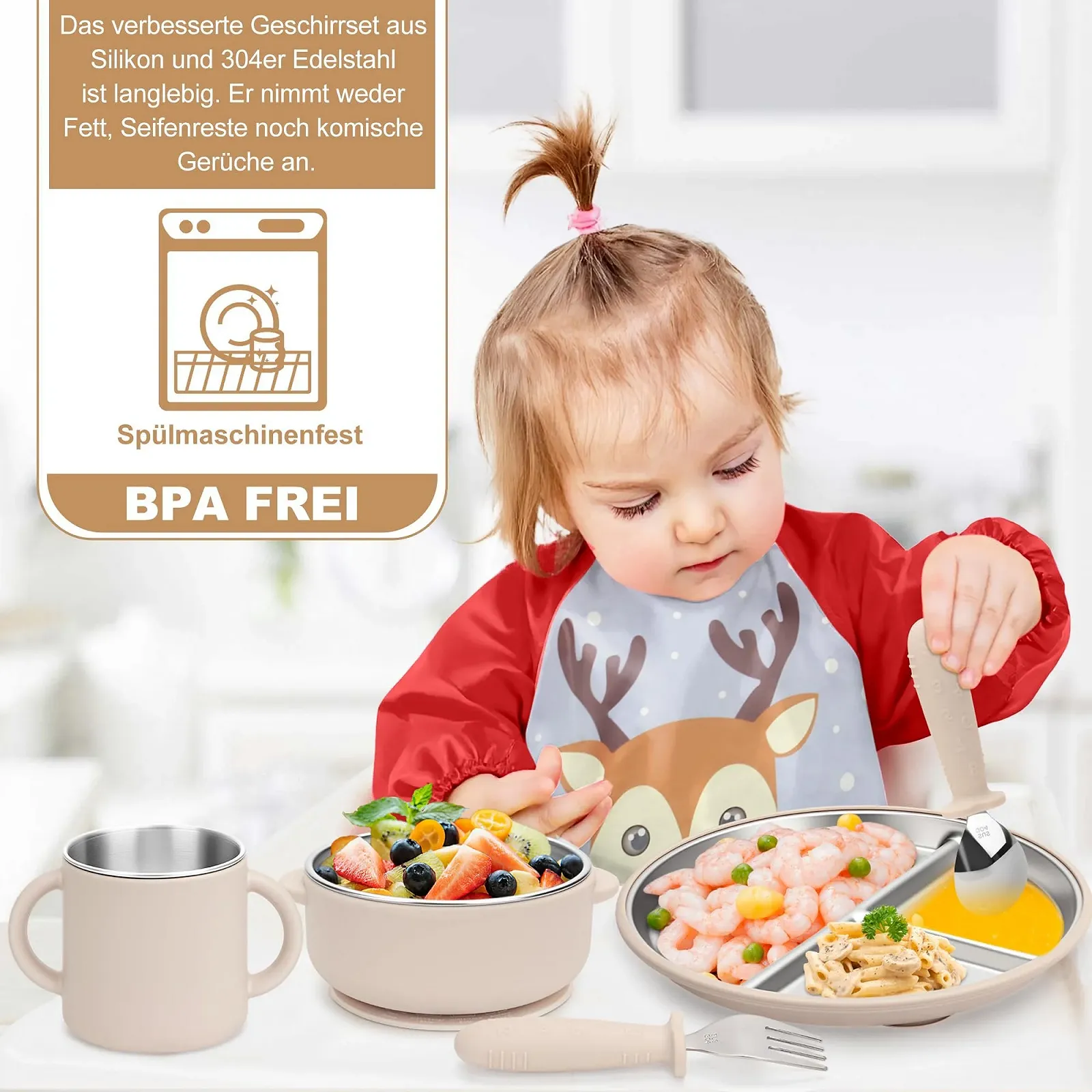 Набір дитячого посуду MOJINL з нержавіючої сталі з присоскою, 6 предметів: дитяча тарілка, чашка, дитячий слинявчик з рукавами, ложка, виделка, миска, без BPA, фото №7