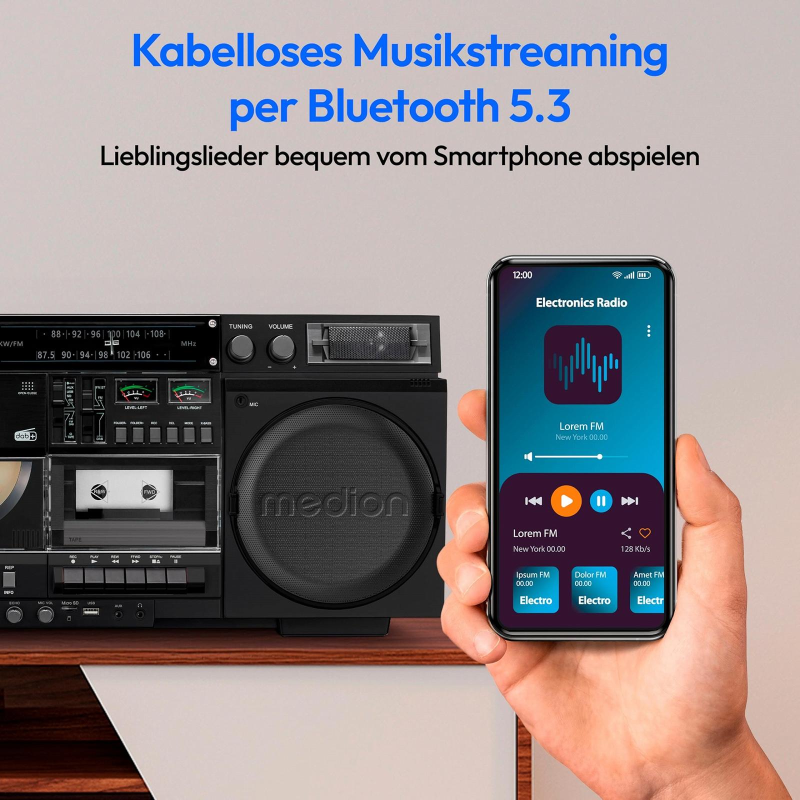 Ретро магнитофон MEDION P66538 с CD-проигрывателем USB SD MC DAB+ радио телескопическая антенна Bluetooth функция записи, фото №4