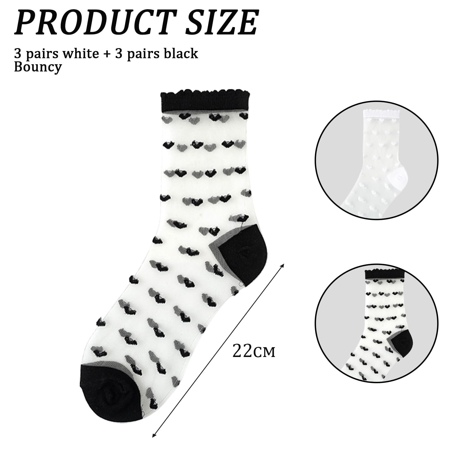 Носки Прозрачные с узором в форме сердца, 6 пар летних носков с рюшами до щиколотки, тонкие чулки, прозрачные сетчатые носки для женщин и девушек Черный + Белый, фото №2