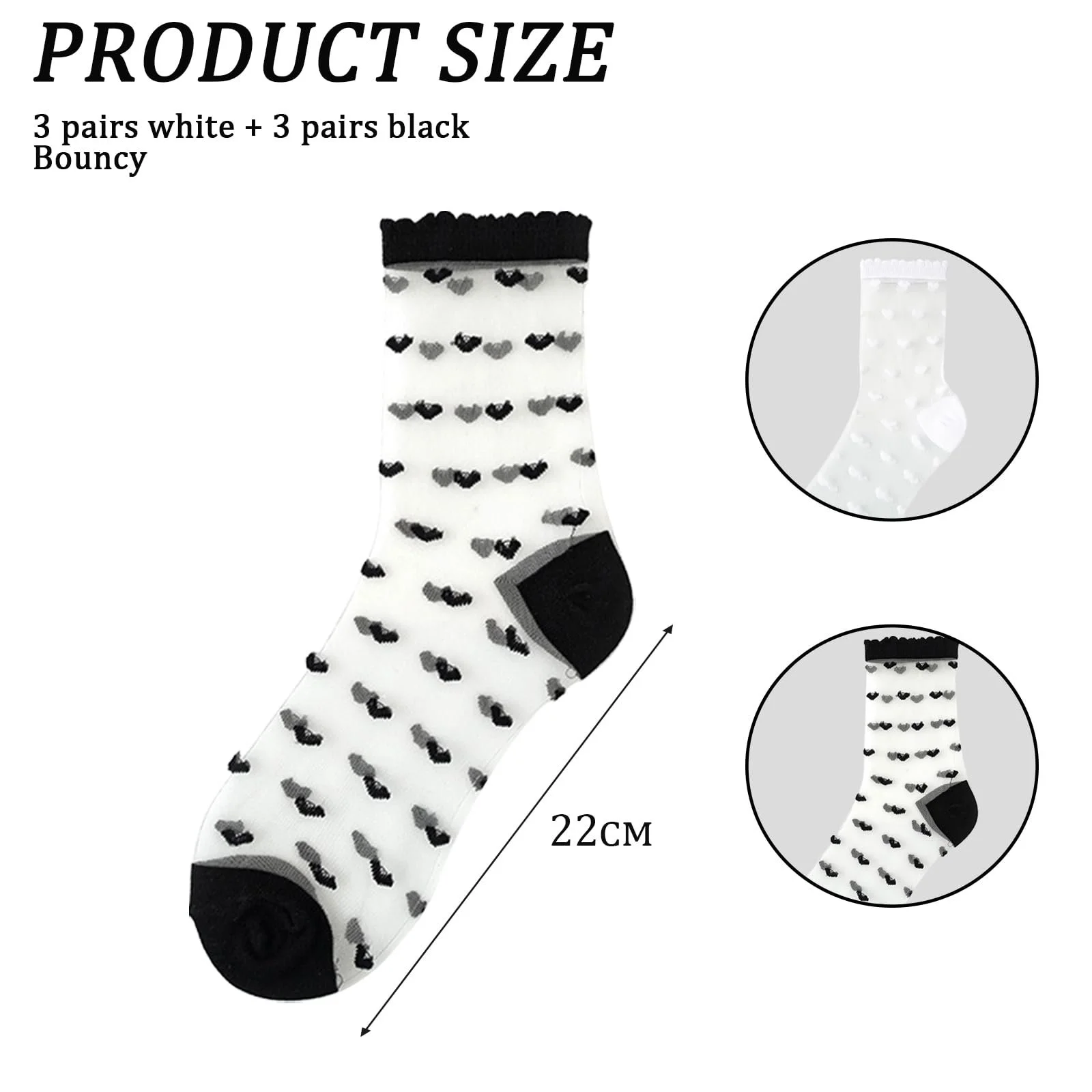 Носки Прозрачные с узором в форме сердца, 6 пар летних носков с рюшами до щиколотки, тонкие чулки, прозрачные сетчатые носки для женщин и девушек Черный + Белый, фото №2