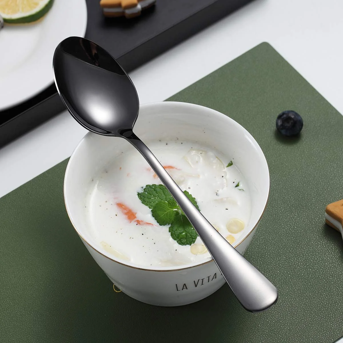 Ложки столові Kyraton, 6 штук, 8 дюймів, нержавіюча сталь, з титановим чорним покриттям, фото №4