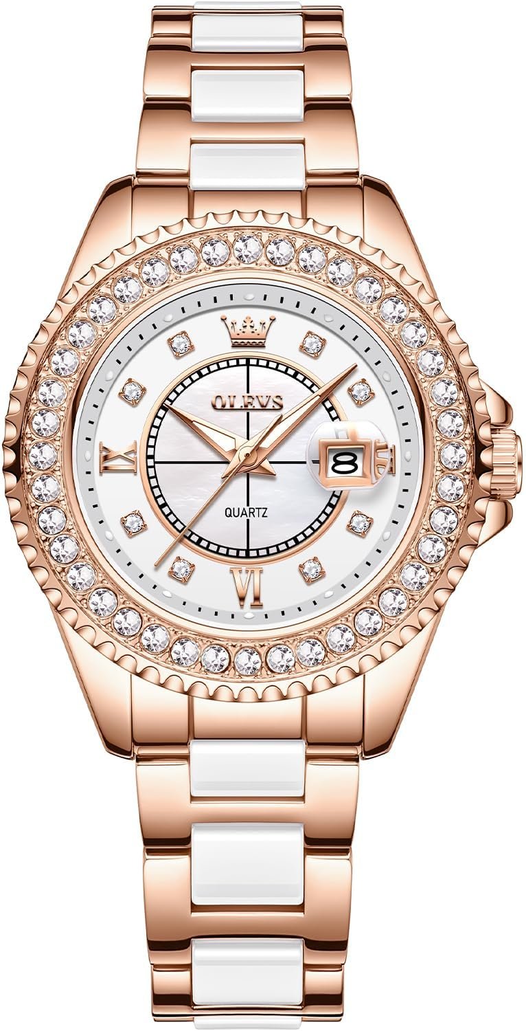 Жіночий годинник OLEVS Rose Gold Кераміка Мода Нержавіюча сталь Водонепроникний Дата, фото №1