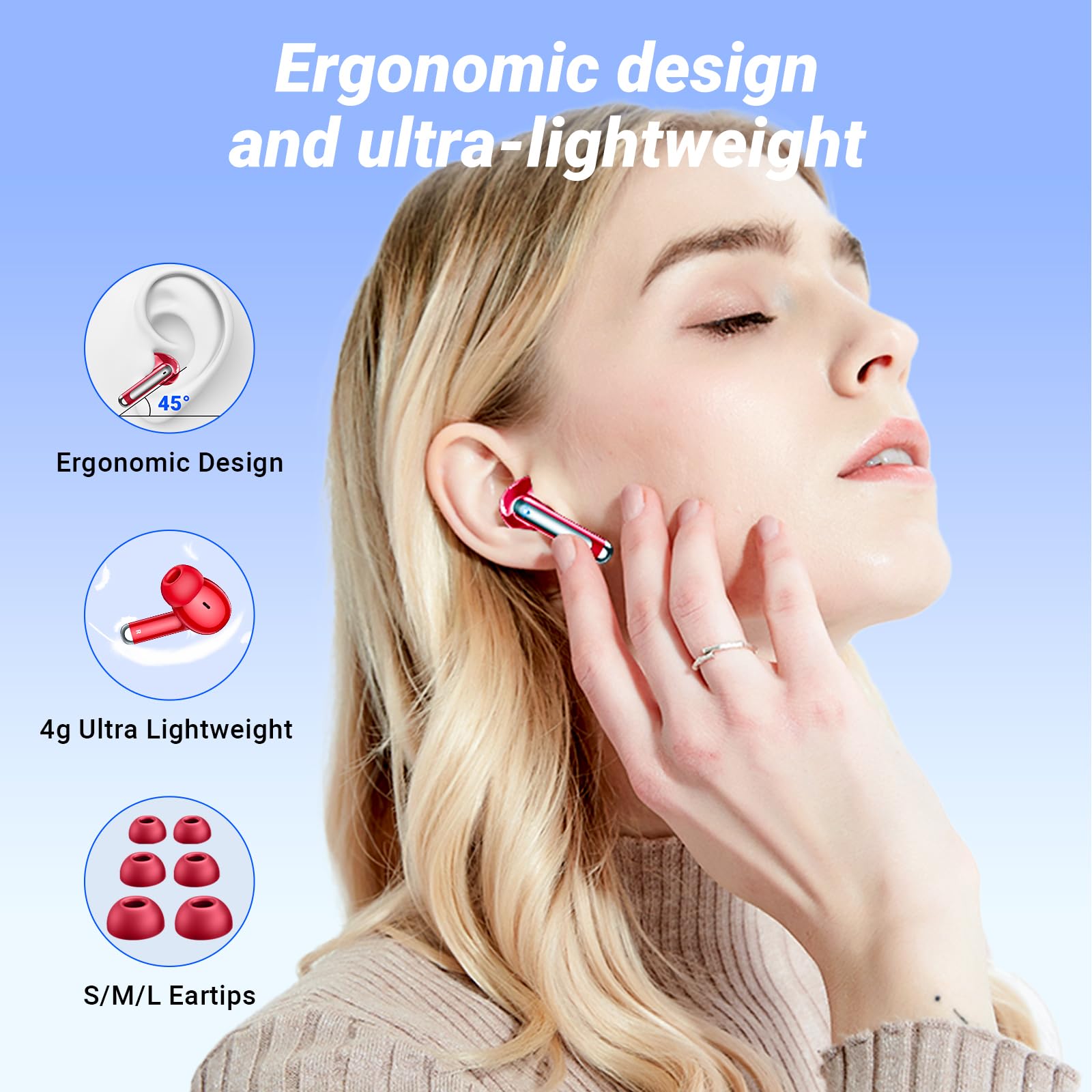 Навушники Bluetooth 2024 бездротові 5.3 внутрішньовушні з 4 ENC шумозаглушувальними мікрофонами 42 години відтворення з LED дисплеєм IPX7 водостійкі спортивні для iPhone Android червоні, фото №6