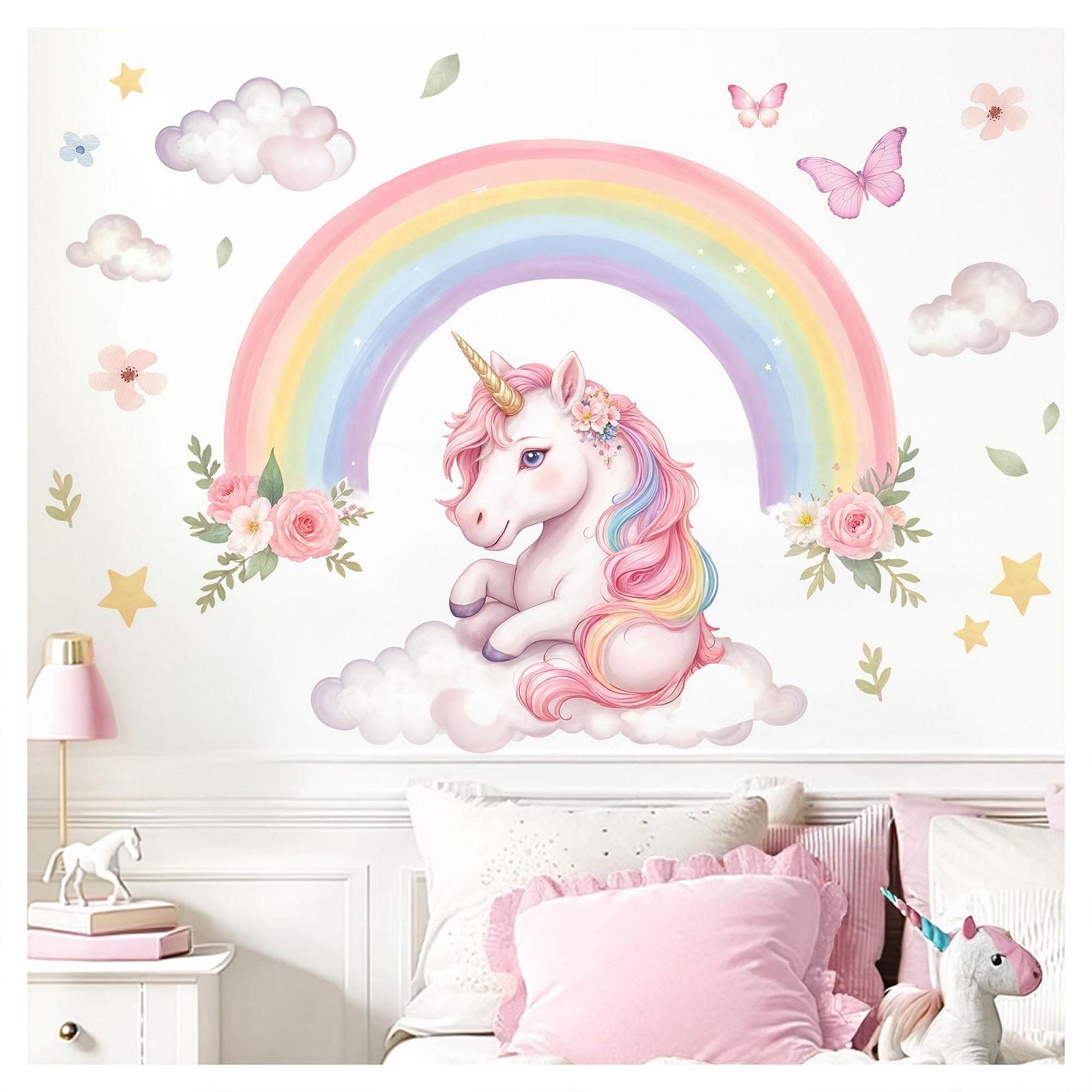 Наклейка на стену Little Deco DL5127-03 Единорог и радуга Акварельные цветы и звезды, фото №1