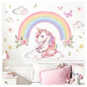 Наклейка на стену Little Deco DL5127-03 Единорог и радуга Акварельные цветы и звезды - Фото 1