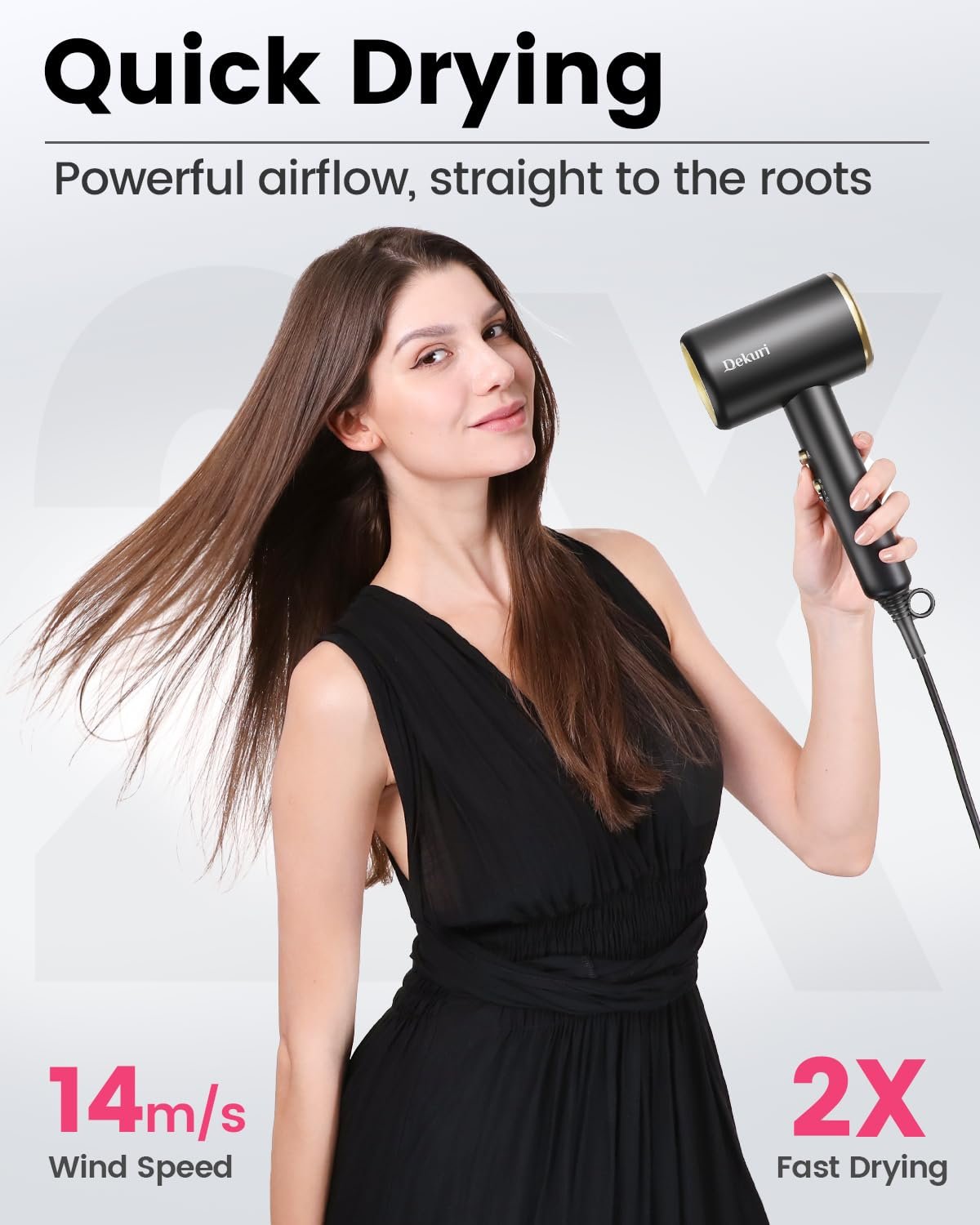 Фен Dekuri Professional Ionic, 2 скорости, 3 режима нагрева, с диффузором и концентратором, ультралегкий, черный, фото №2