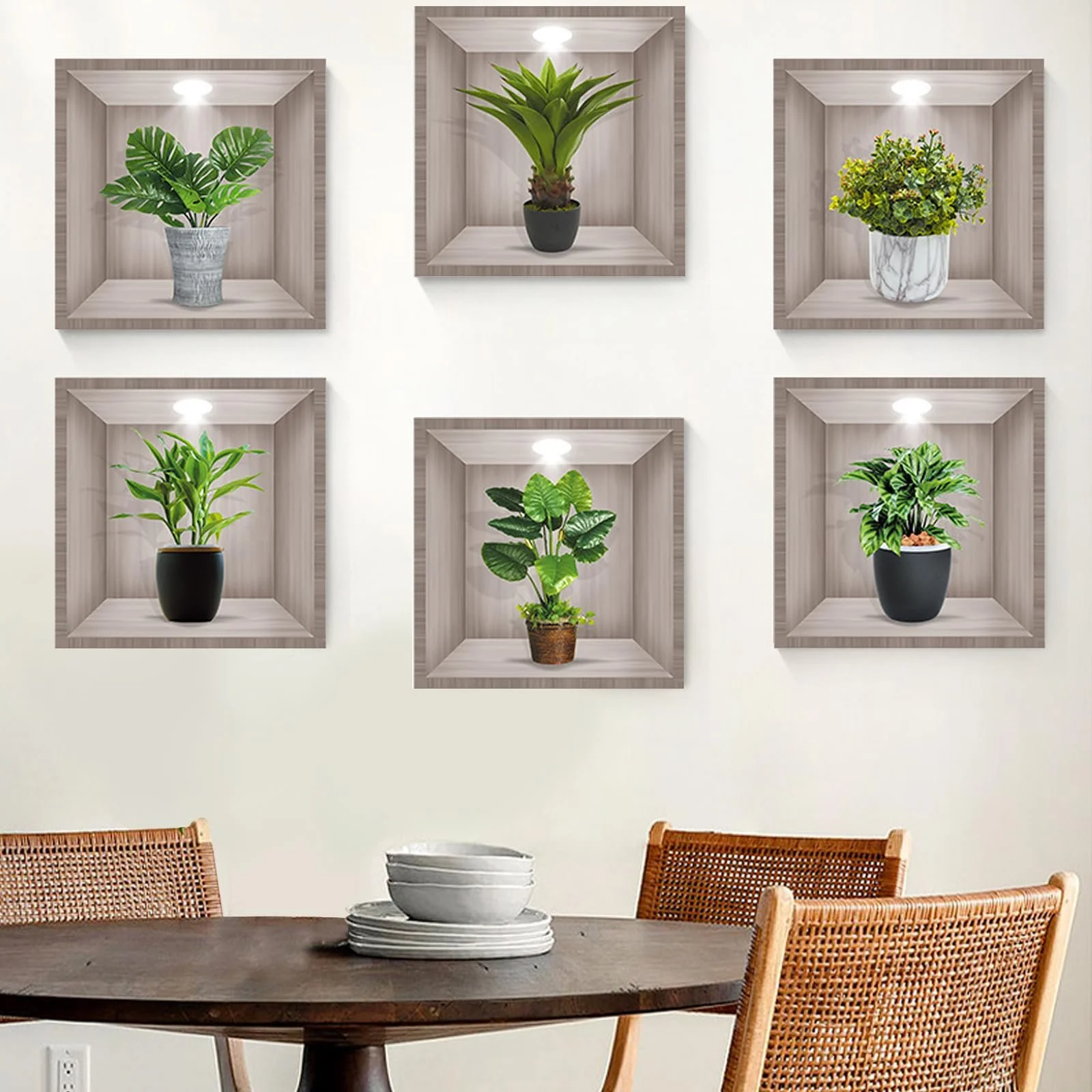 Наклейки на стіну 3D Рослини у горщиках 6 штук Зелений, фото №1