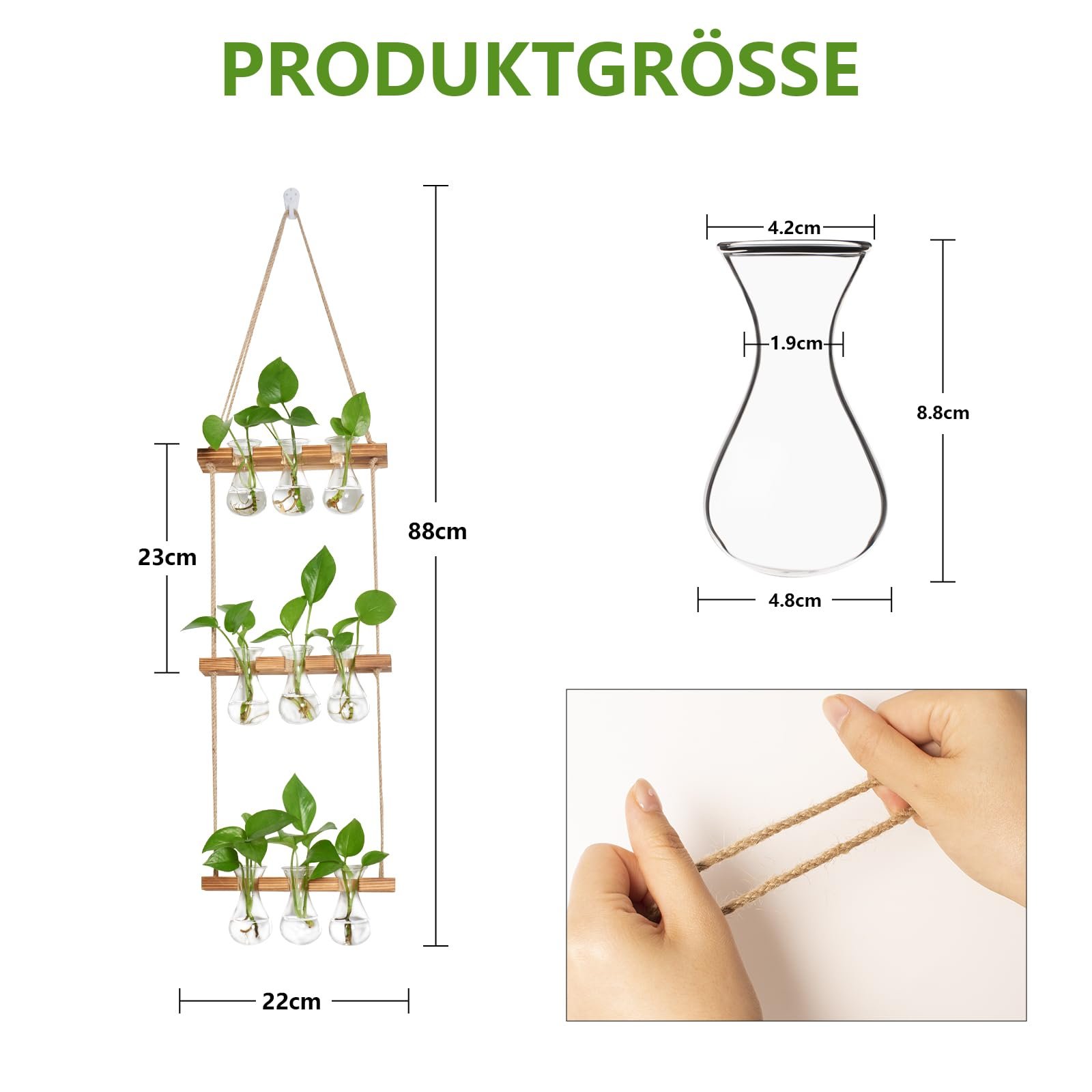 Станція для розмноження рослин XXXFLOWER Small Teardrop 3-рівнева з 9 скляними вазами та сосновою підставкою Прозорий/Натуральне дерево, фото №2