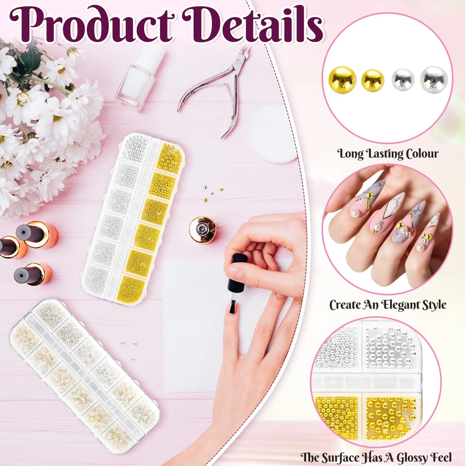 Стразы для ногтей, 2 коробки серебристого и золотого икорного бисера 6 размеров, полукруглые и круглые бусины 3 размеров, ручка для ногтей и пинцет, фото №3