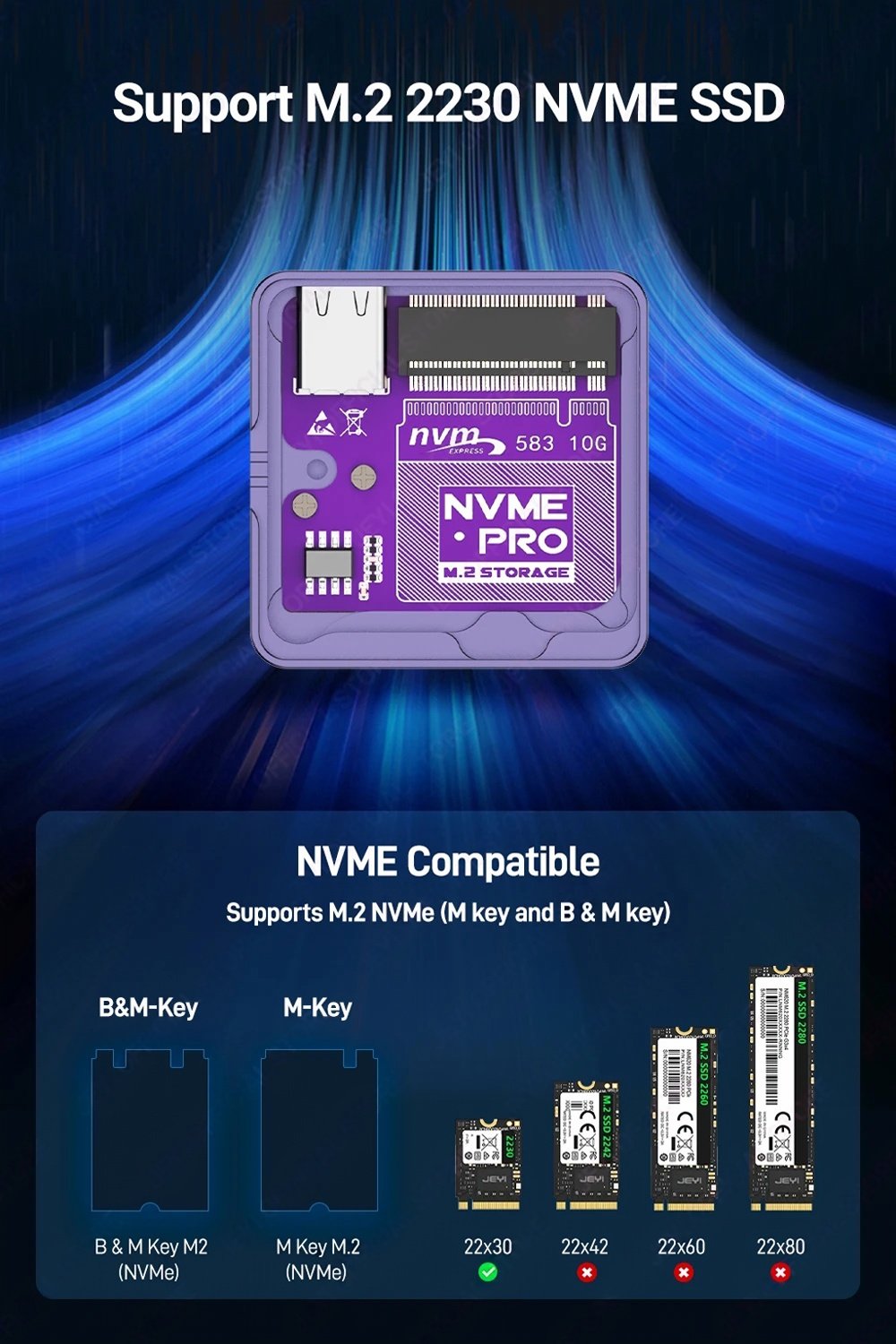 Внешний адаптер Jeyi 2230Pro 10Gbps M.2 NVMe SSD to USB с сенсором, фото №8