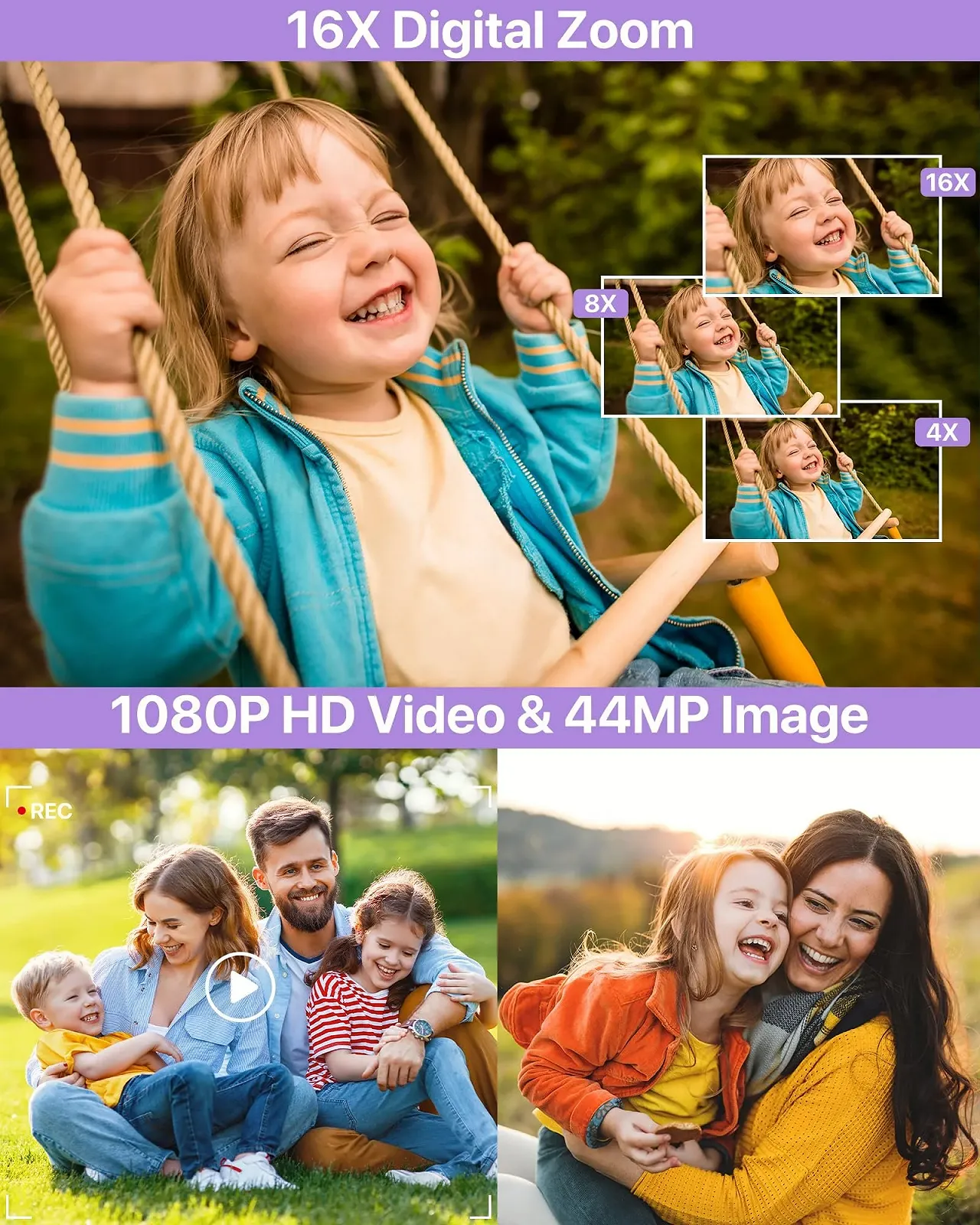 Цифрова камера 1080P 44 MP 2.4 дюйми LCD 16x Zoom 32 GB Фіолетовий, фото №2