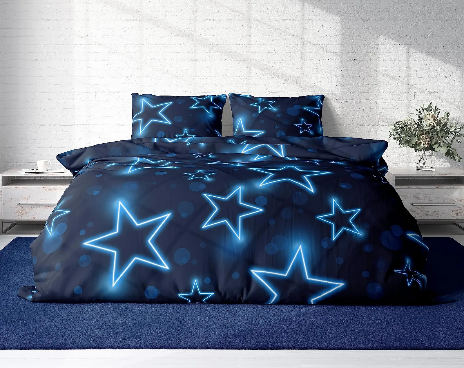 Комплект постільної білизни one-home мікрофібра зірки синій 3 предмети 200 x 200 см на блискавці, фото №2