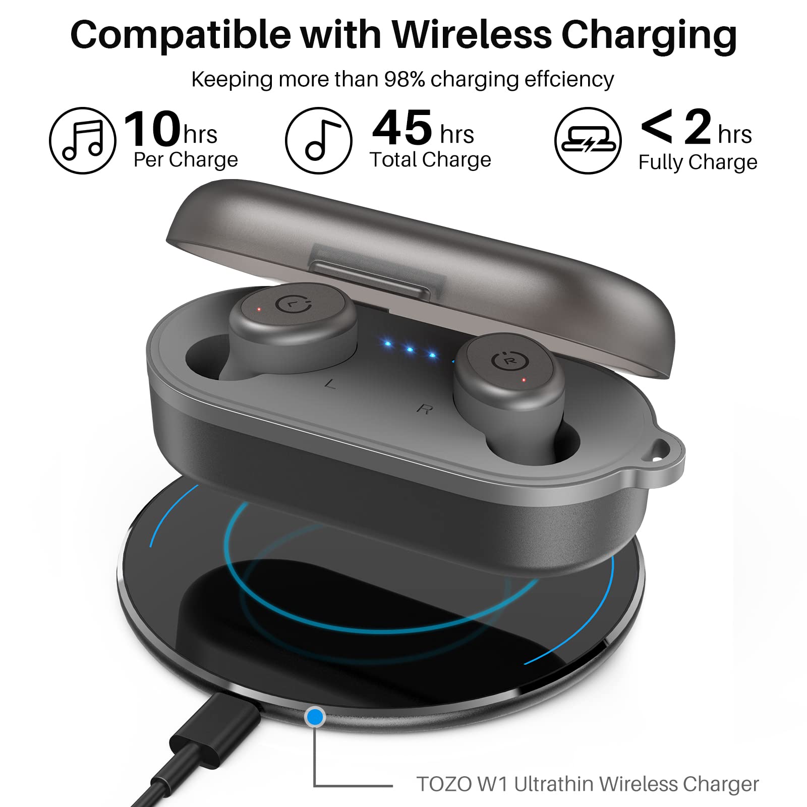 Вкладыши TOZO T10 TWS Bluetooth 5.0 IPX8 Беспроводная зарядная станция серые, фото №4