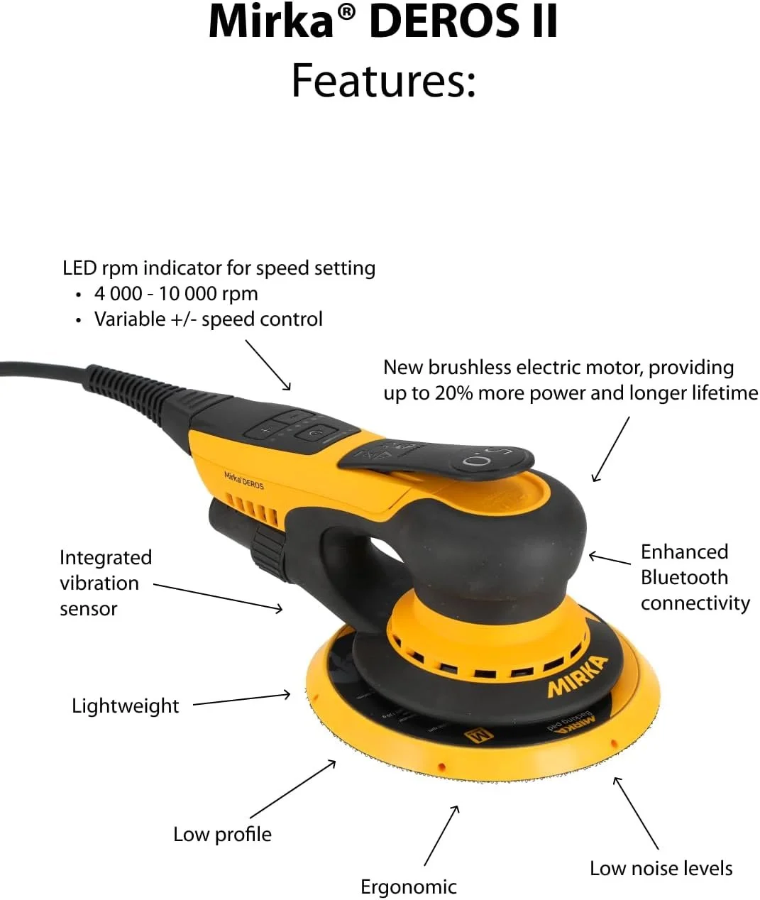 Профессиональная шлифмашина Mirka DEROS II / 10000 об/мин / 400 Вт / 125 и 150 мм / Орбита 5 мм / Черно-желтая, фото №4 Профессиональная шлифмашина Mirka DEROS II / 10000 об/мин / 400 Вт / 125 и 150 мм / Орбита 5 мм / Черно-желтая, фото №4