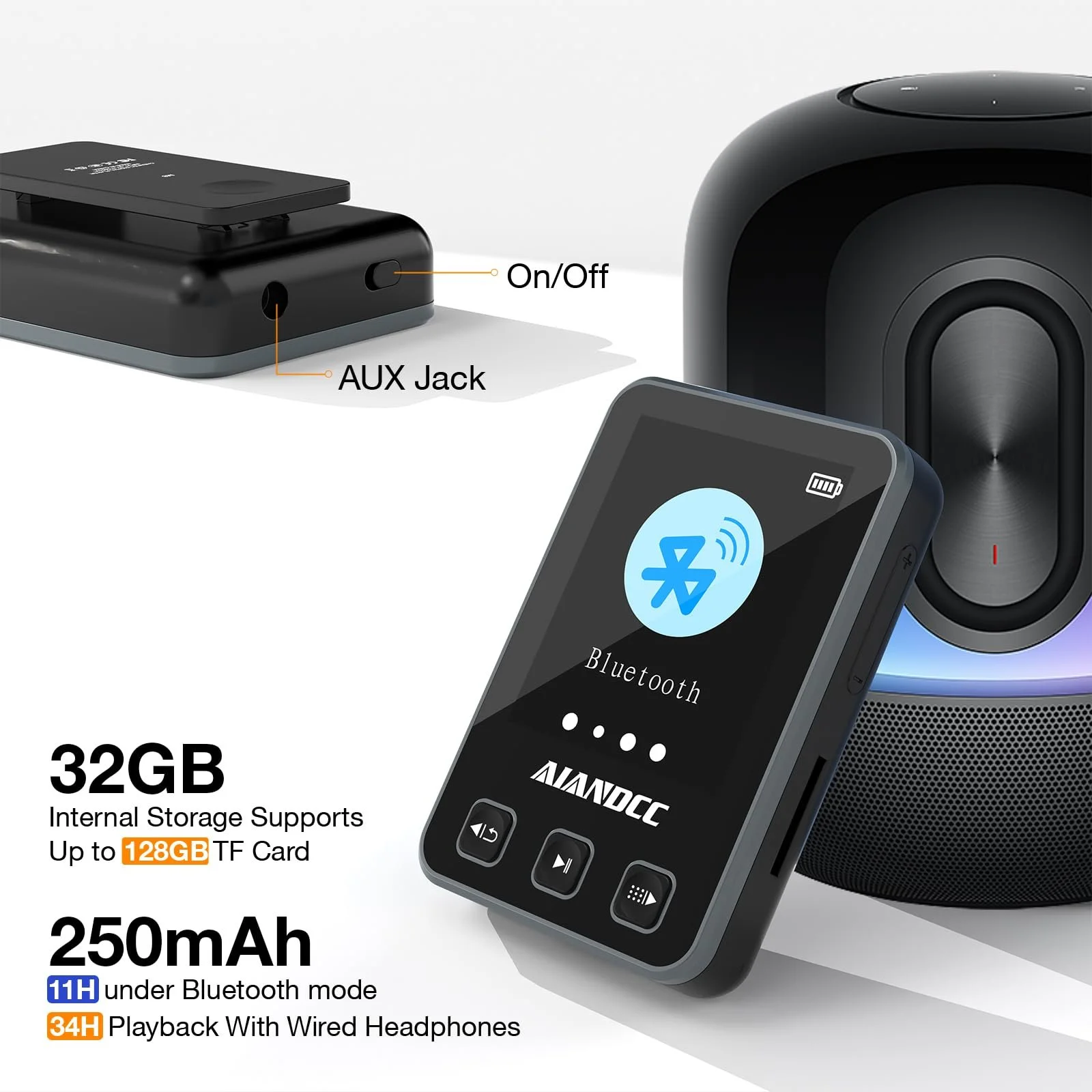 MP3 плеер Bluetooth 5.3 со спортивным зажимом и ремешком, 1.77-дюймовый TFT цветной экран, с наушниками, поддержка SD-карты до 128GB, Черный, фото №7