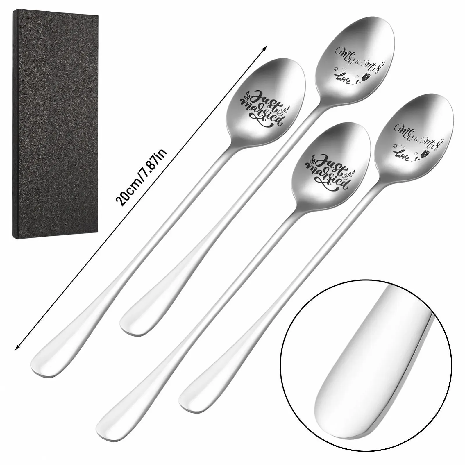 Кавова ложка з гравіюванням Mr & Mrs and Just Married, 4 шт., нержавіюча сталь, фото №7