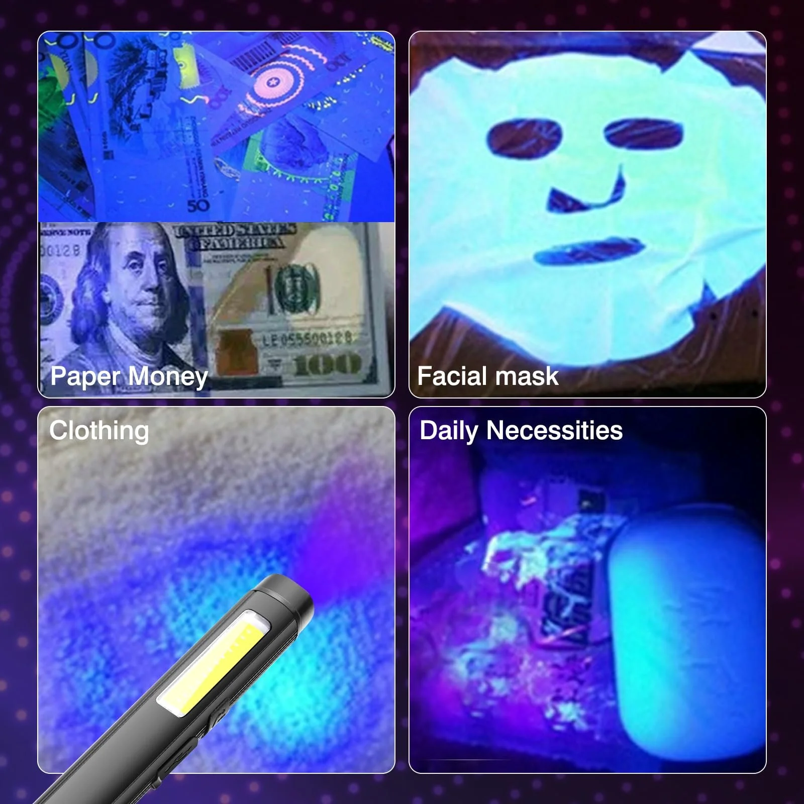 Ліхтарик WholeFire Mini UV Blacklight, 800 люмен, висока яскравість, світлодіодний кишеньковий з 365nm УФ чорним світлом, 4 режими з COB світлом та магнітом, фото №9