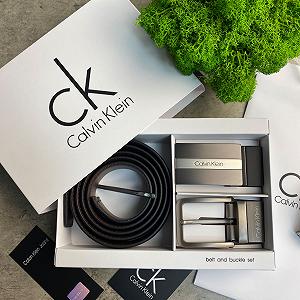 Ремінь чоловічий шкіряний брендовий із двома пряжками в подарунковій упаковці Calvin Klein - Фото 1