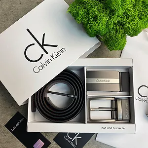 Ремень мужской кожаный брендовый с двумя пряжками в подарочной упаковке Calvin Klein - Фото 1