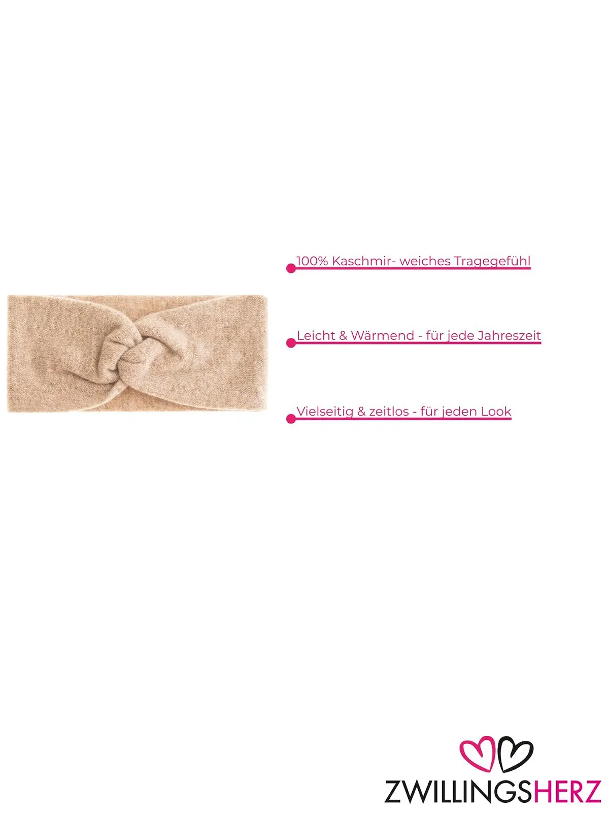 Пов'язка на голову Zwillingsherz 100% кашемір, в'язана, однотонна, бежевий, фото №3 Пов'язка на голову Zwillingsherz 100% кашемір, в'язана, однотонна, бежевий, фото №3