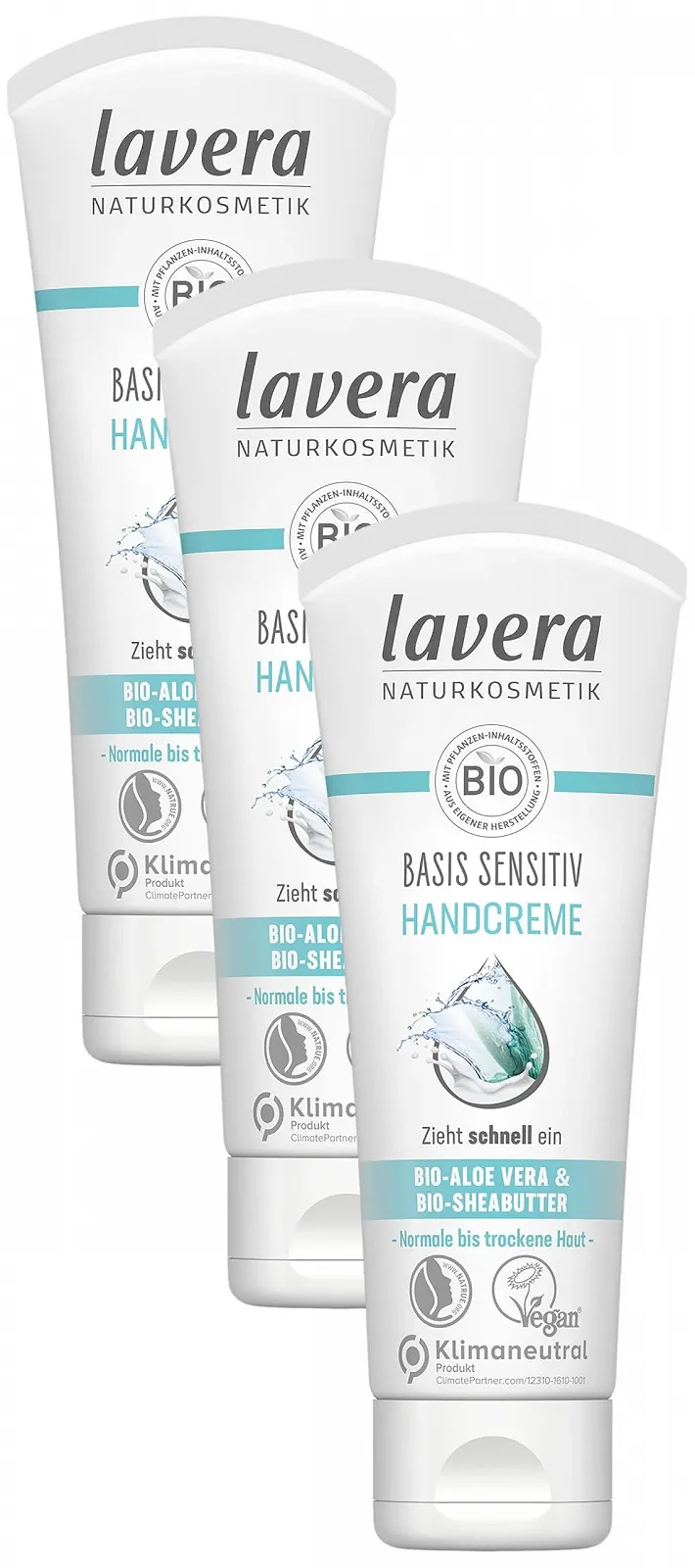 Крем для рук lavera Basis Sensitiv з органічним алое вера та органічною олією ши тривале зволоження (3 x 75 мл), фото №1
