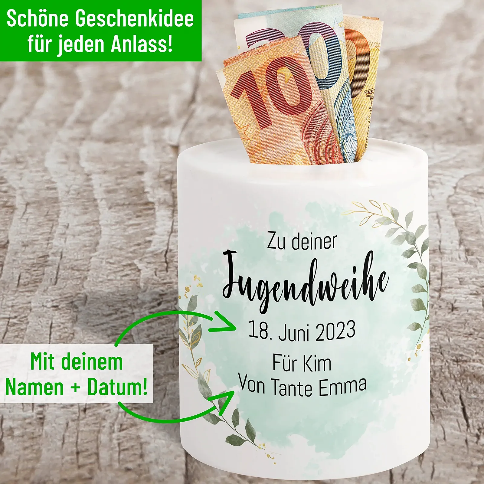 Скарбничка Zu deiner Jugendweihe керамічна персоналізована малюнок по колу, фото №2