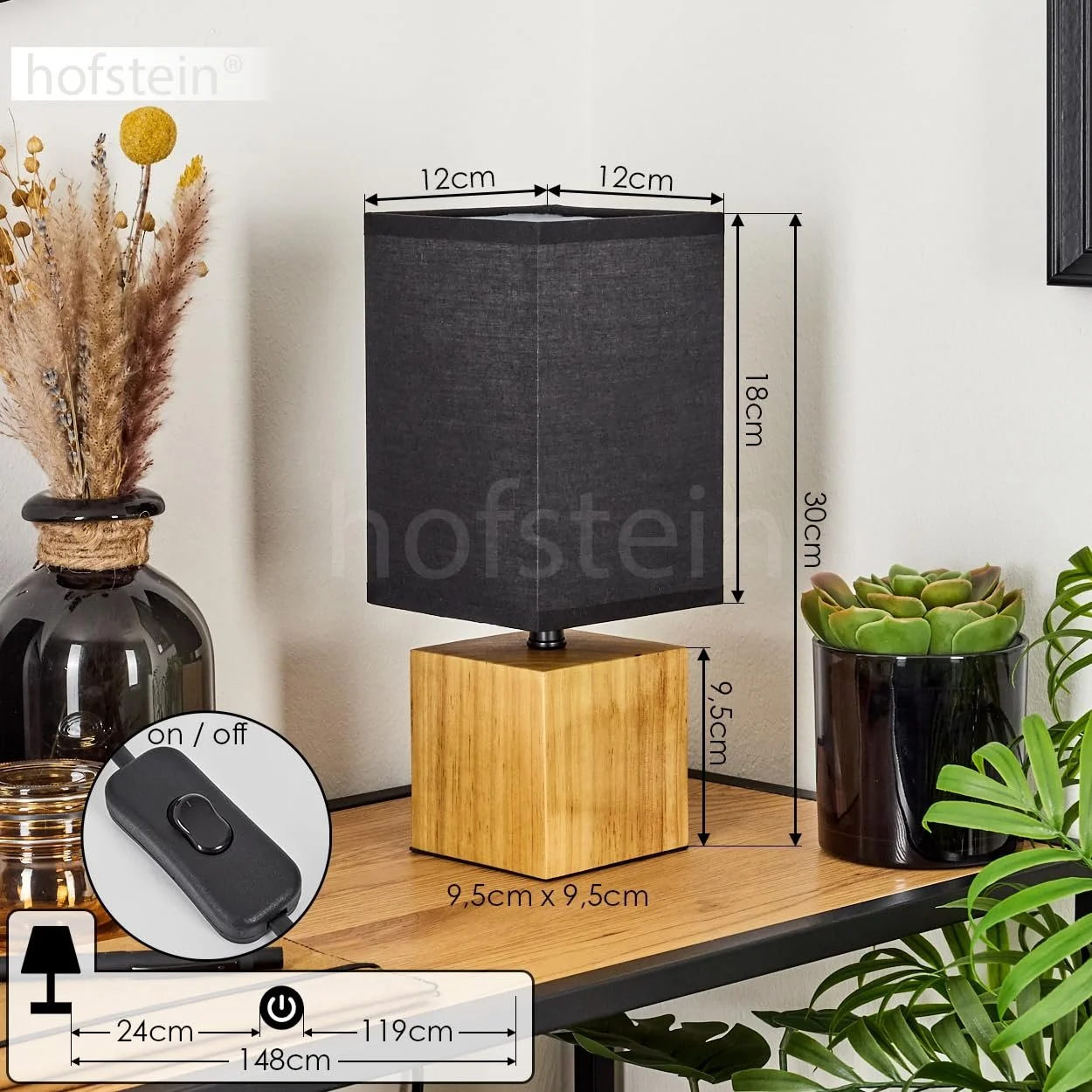 Настільна лампа Talco дерево/тканина квадратна висота 30 см цоколь E27 Натурально-чорна, фото №5