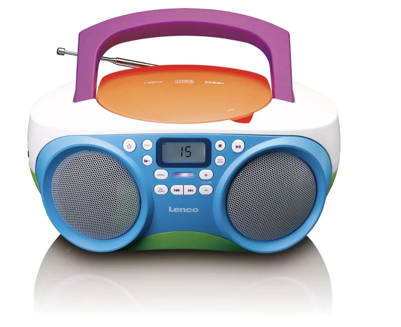 Магнитола Lenco SCD-41, детский, CD-радио, стереосистема, бумбокс, FM-радио, USB, MP3, 2 x 1 Вт RMS, питание от сети и аккумулятора, цветной, фото №1