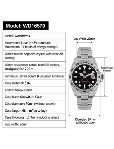 Часы Watchdives GMT Мужские WD16570 Dual Time Zone Дайвинг NH34 Автоматические Сапфировое стекло 100м Водонепроницаемые synthetic.ua - Фото 1
