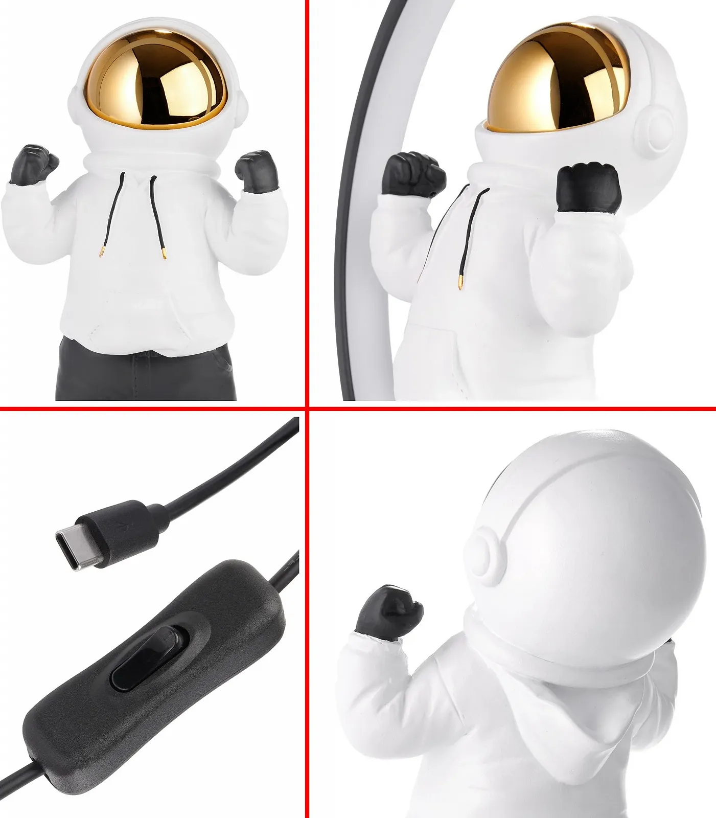 Настільна лампа BRUBAKER Астронавт з худі та золотистим хромованим шоломом LED Ring USB-C 33 см, фото №6