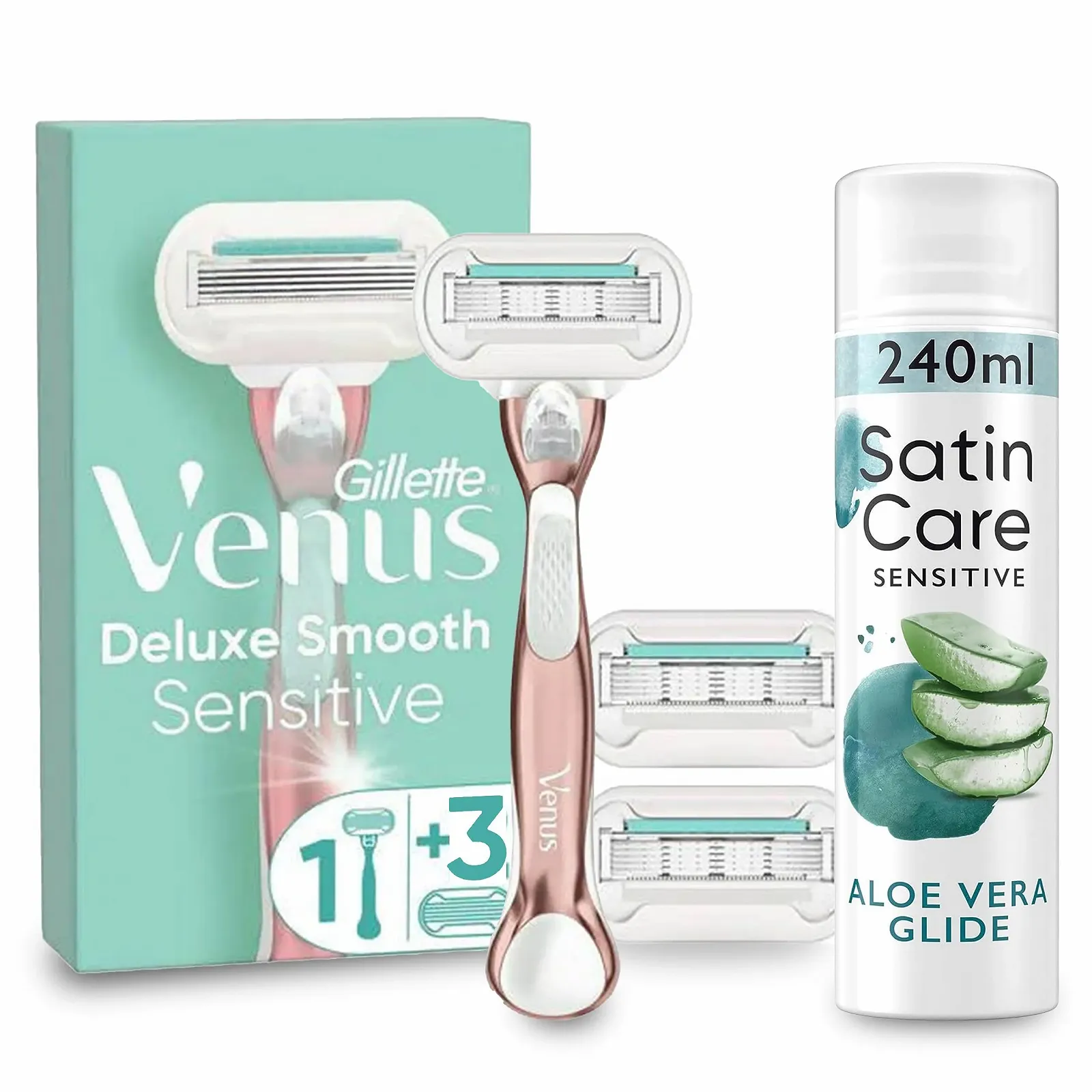 Набор для бритья Gillette Venus Deluxe Smooth Sensitive Rose Gold Бритва + 3 кассеты + Гель 240 мл, фото №1 Набор для бритья Gillette Venus Deluxe Smooth Sensitive Rose Gold Бритва + 3 кассеты + Гель 240 мл, фото №1