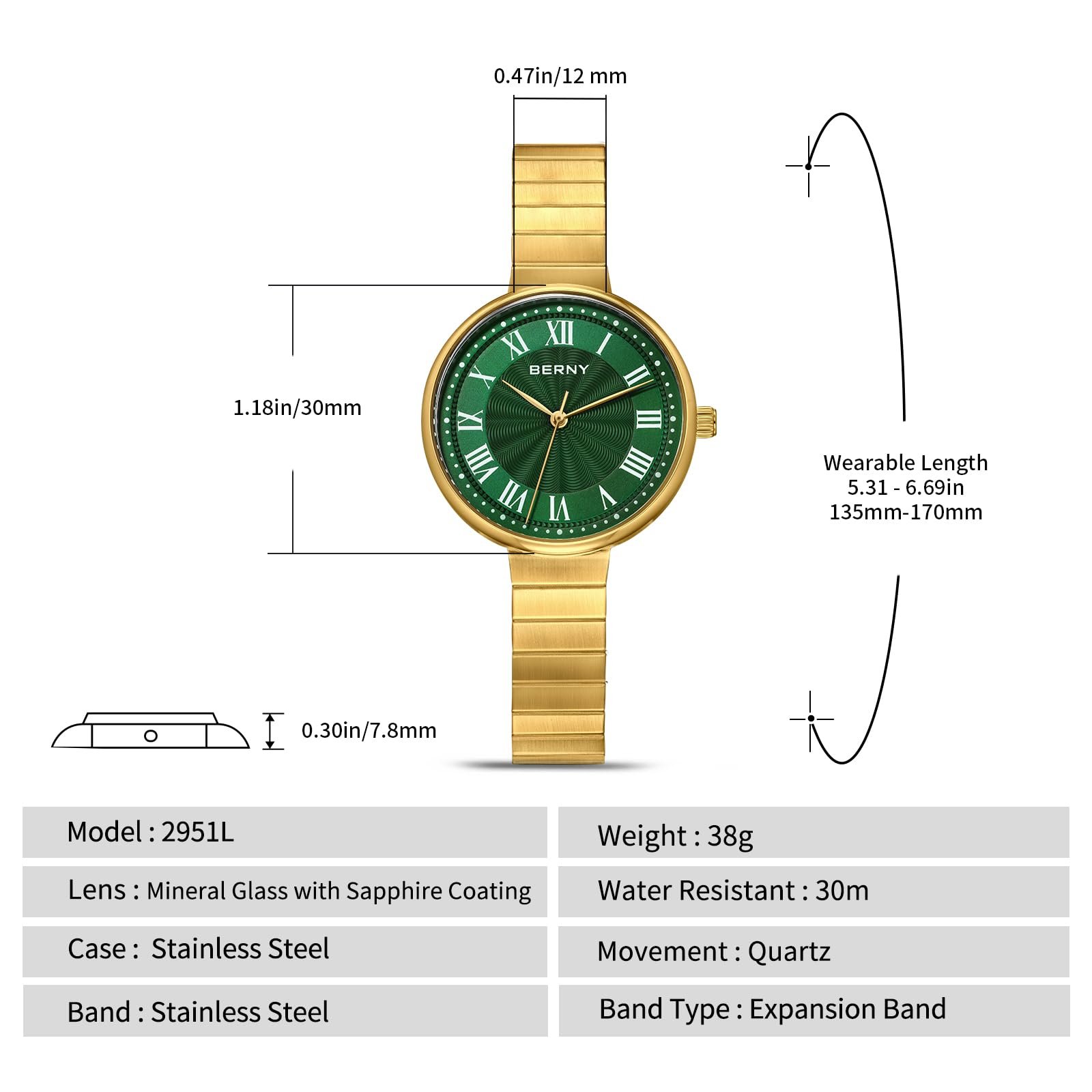 Женские наручные часы BERNY Золотые Винтажные часы для женщин Аналоговые кварцевые часы с полностью нержавеющим расширяющимся браслетом 3ATM Водонепроницаемые с римскими цифрами, фото №6 Женские наручные часы BERNY Золотые Винтажные часы для женщин Аналоговые кварцевые часы с полностью нержавеющим расширяющимся браслетом 3ATM Водонепроницаемые с римскими цифрами, фото №6
