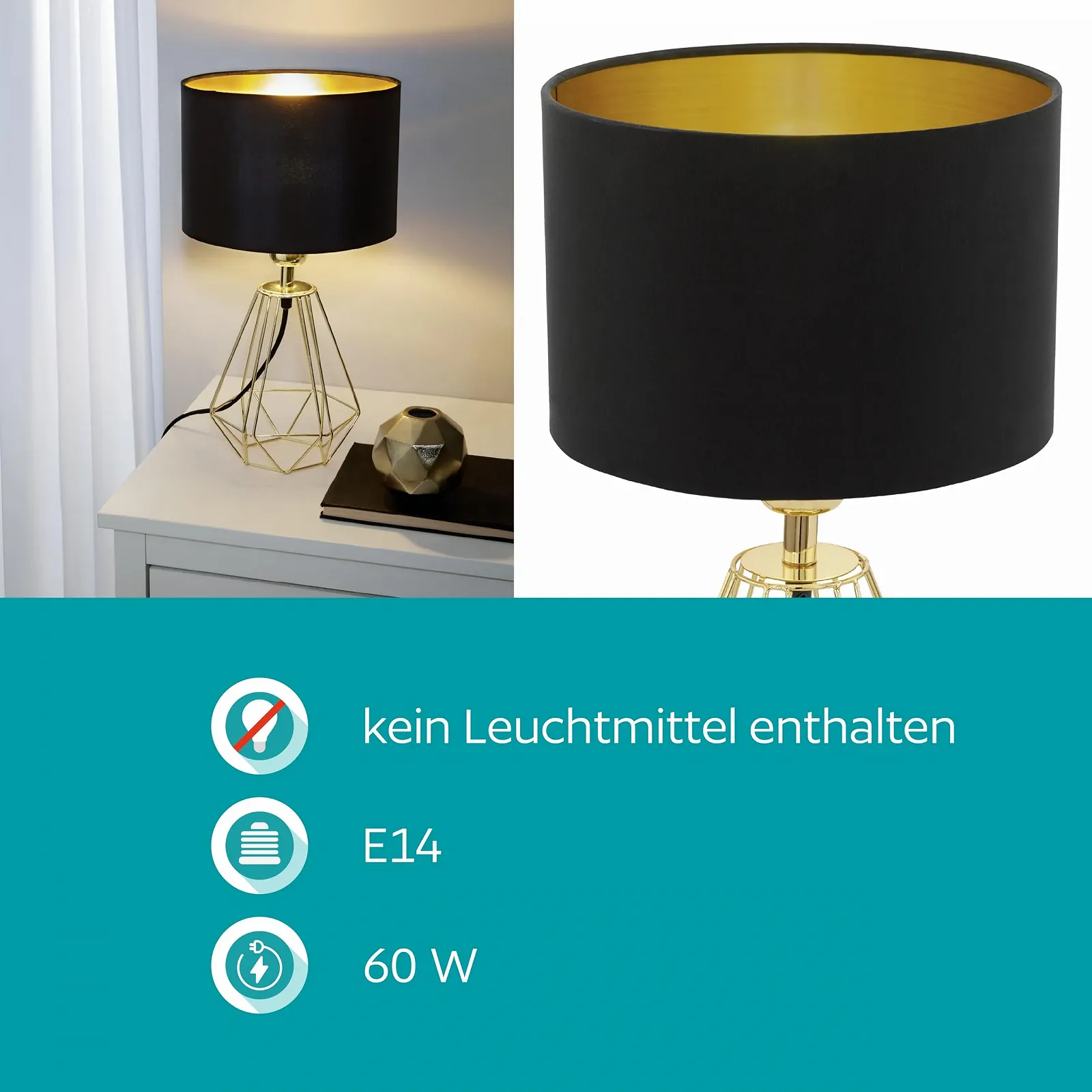 Настільна лампа EGLO Carlton 2 E14 Сталь Тканина Золотий Чорний, фото №5