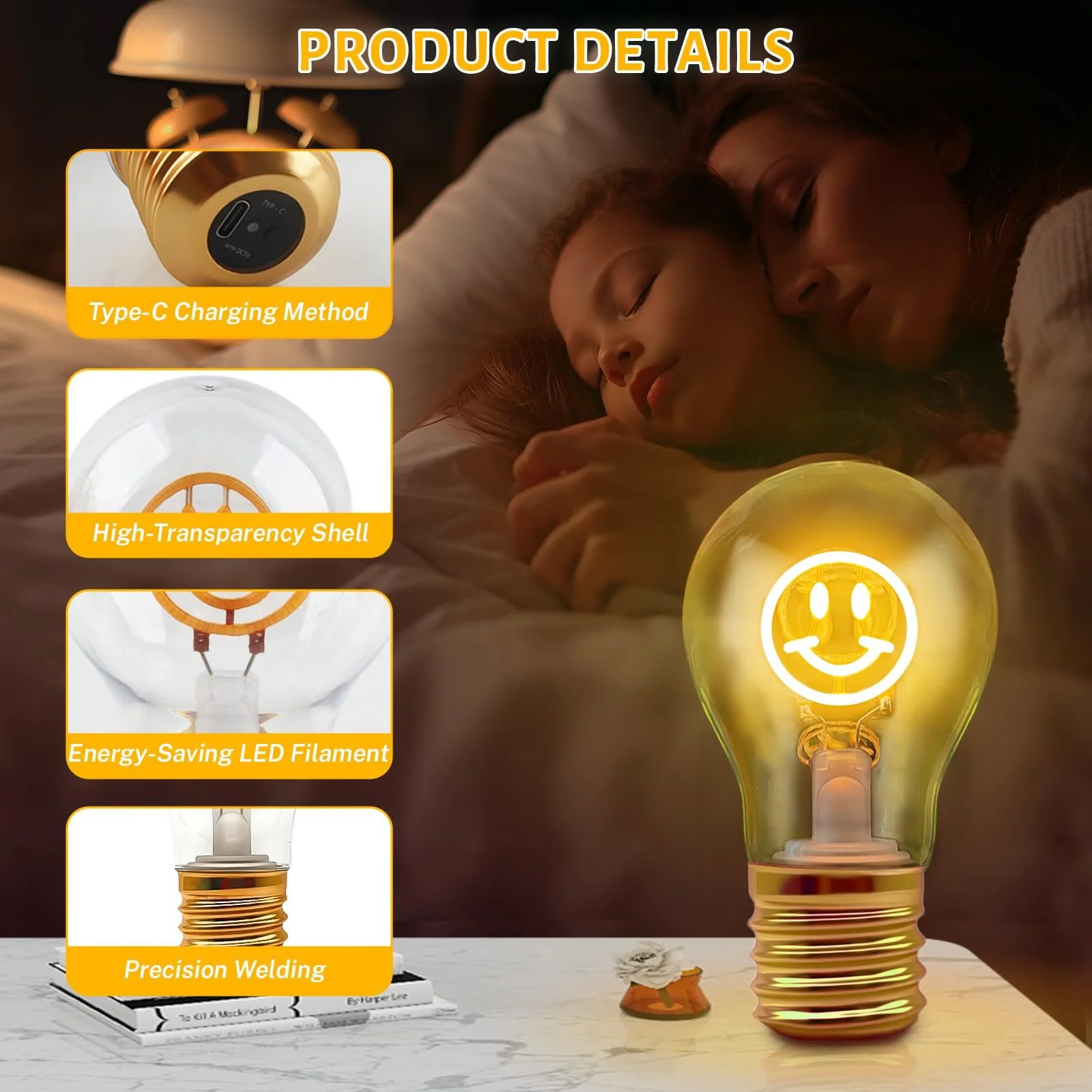 Настільна лампа Smile LED Форма лампочки Акумуляторна USB 3 рівні яскравості Жовтий, фото №3