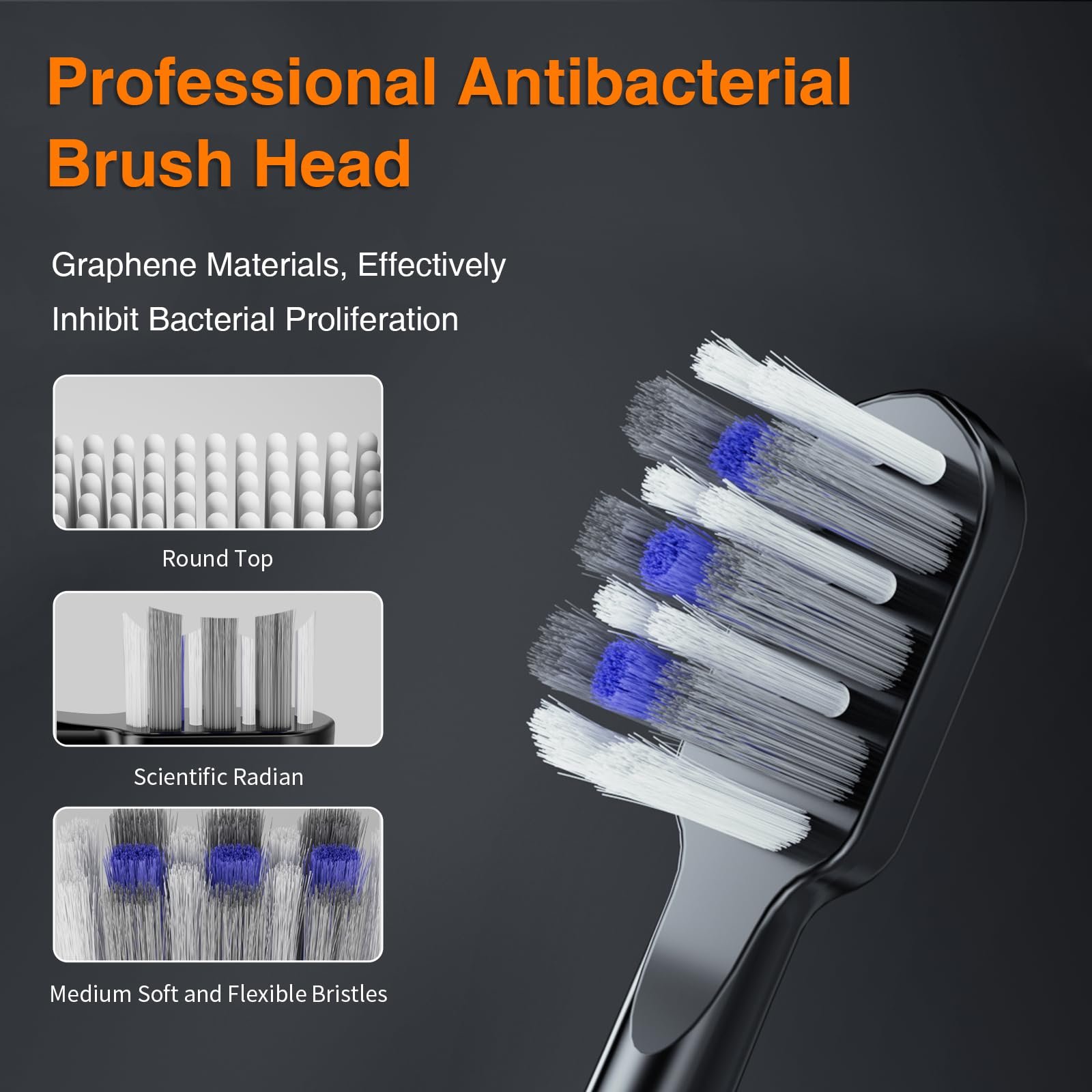 Электрическая зубная щетка Graphene Brush с 3 режимами чистки, быстрая зарядка 2 часа, 3 насадки (черная, графеновая насадка), фото №5