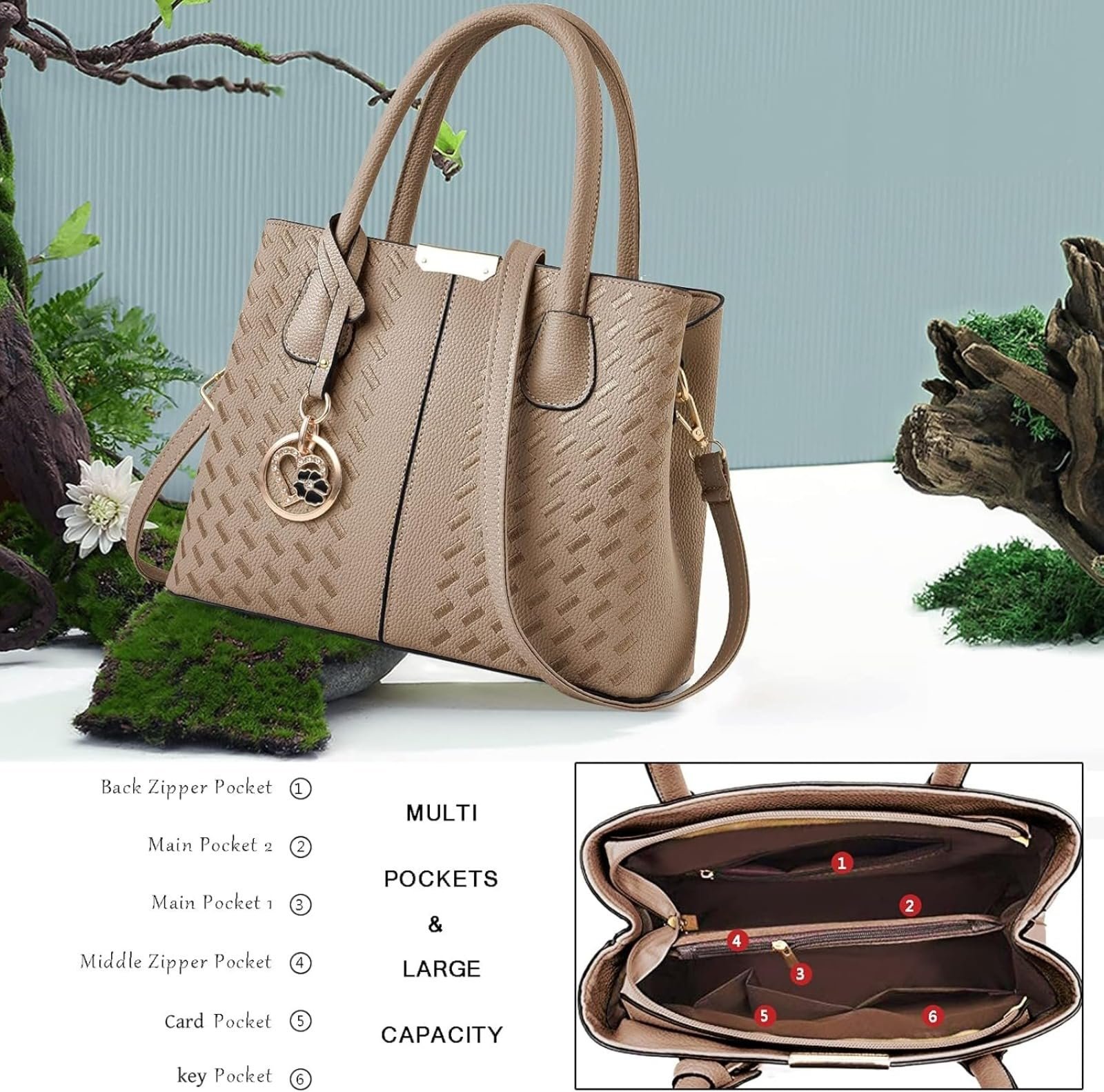 Сумка KurKur Geldbörsen und Handtaschen für Frauen Schulter Tote Bags Top Griff Umhängetasche E Khaki 2, фото №5