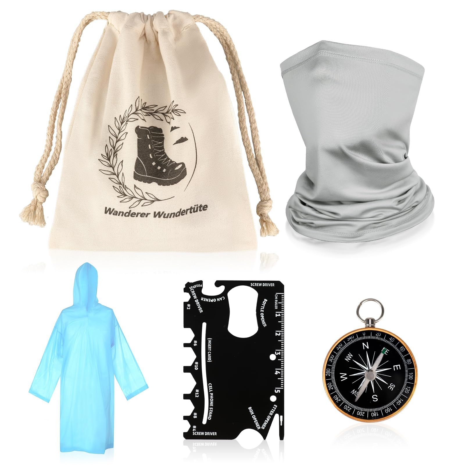 Набір для виживання Wanderer Wonder Bag, мультитул, туба для карт, шарф, шийна хустка, кишеньковий компас, альпіністський карабін, одноразовий дощовик, фото №1