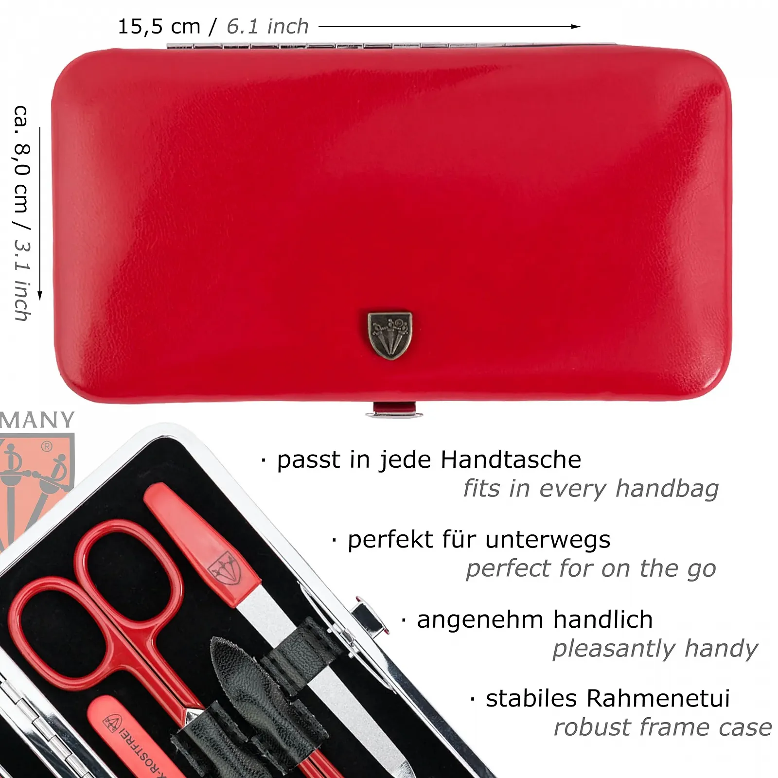 Набор для маникюра и педикюра DREI SCHWERTER Cuneo, 8 предметов, стальные инструменты, красный чехол из искусственной кожи, фото №4