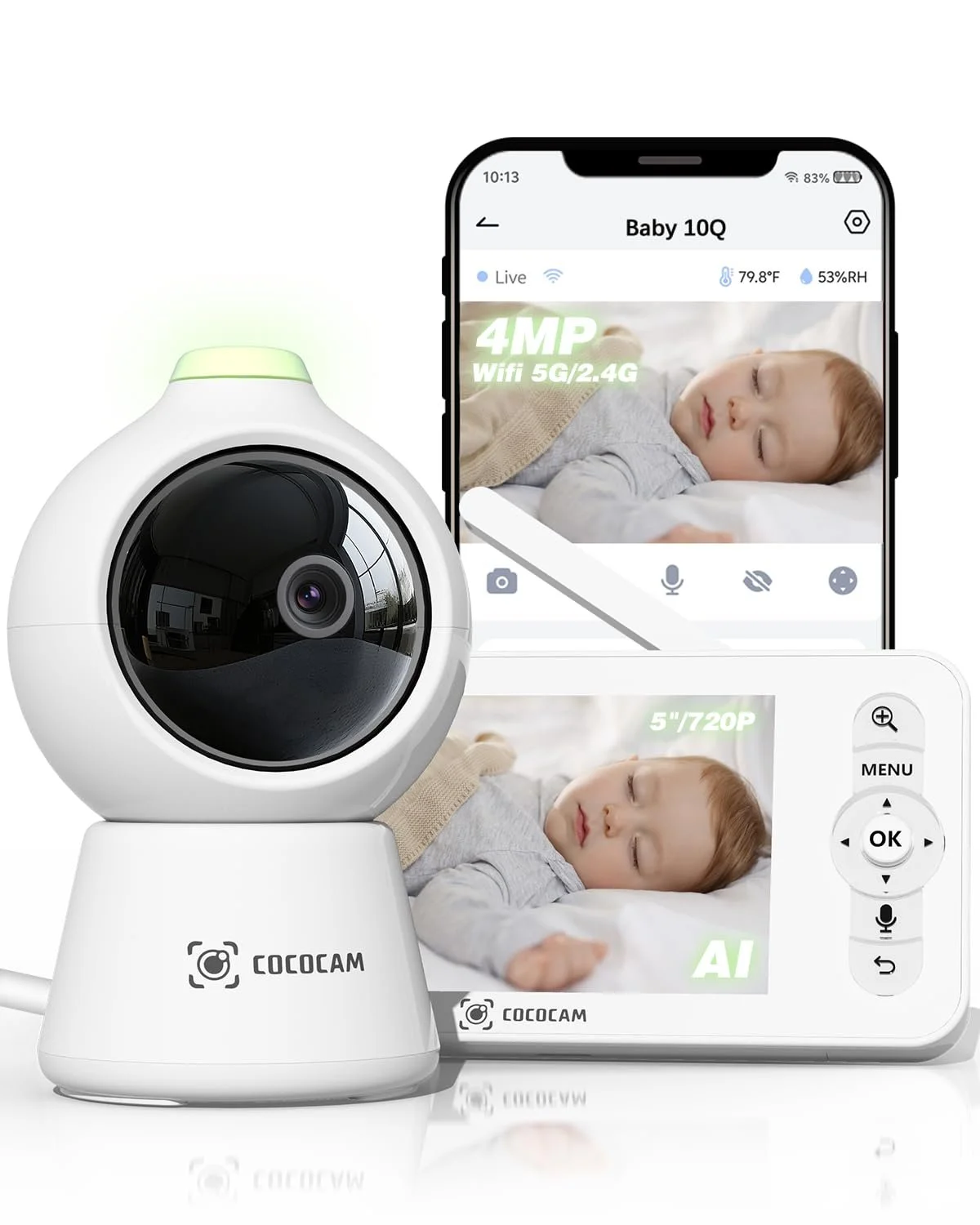 Відеоняня COCOCAM 10Q 2K 4MP AI 5" 2.4GHz/5GHz Wi-Fi з датчиком сну на животі та нічним баченням, фото №1