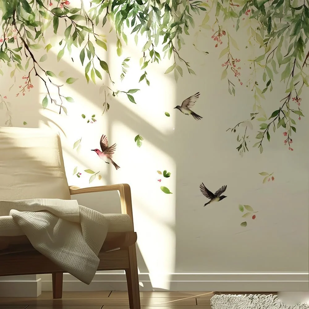 Наклейка на стену Зеленые ветки с птицами и листьями 57 x 38 см Природный дизайн Зеленый, фото №4