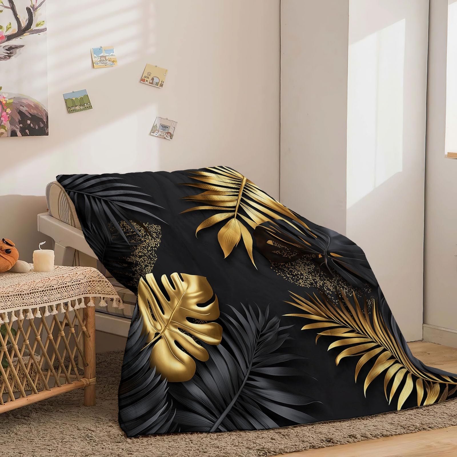 Плед Cuddly Теплий Tropical Luxury Monster Leaf Pattern 150 x 200 см Чорний Золотий Фланелевий, фото №4