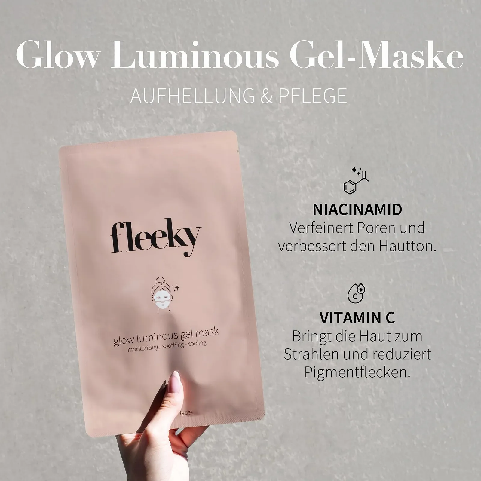 Гель-маска FLEEKY Glow Luminous - сяючий колір обличчя та інтенсивне зволоження - з вітаміном C та ніацинамідом, фото №2