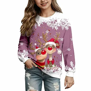 Пуловер Детский Рождественский Свитер Толстовка Повседневный Топ Детская Толстовка с круглым вырезом Мультяшная Голова Оленя, с длинными рукавами (2 года, 14 лет) - Фото 1