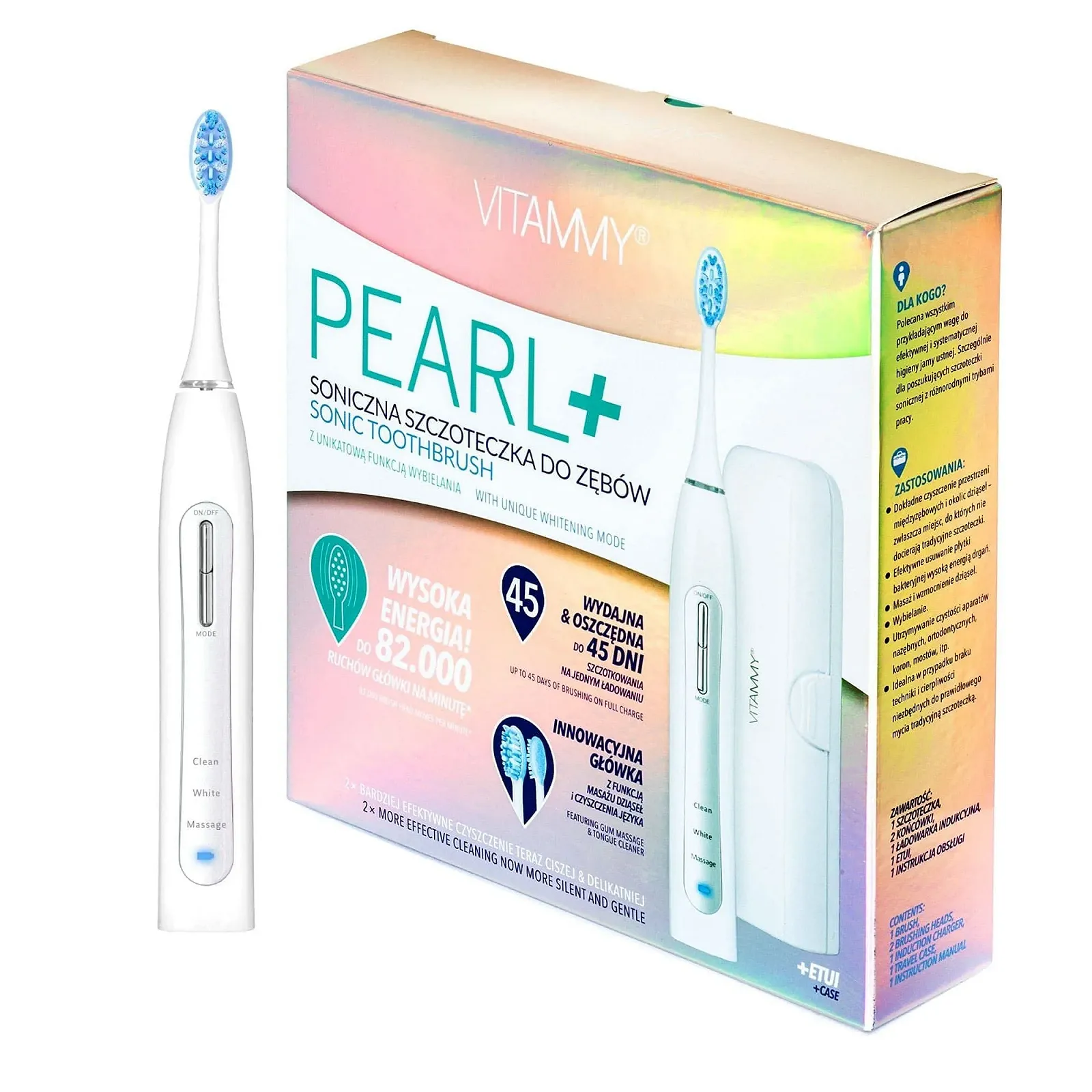Электрическая звуковая зубная щетка VITAMMY Pearl + White с функциями чистки, отбеливания и массажа, фото №2
