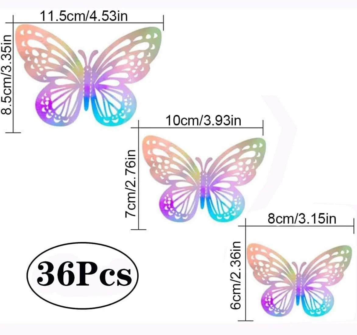 Набір 3D метеликів 36 штук Кольорові лазерні Butterfly Decoration 3 розміри Акрилові наклейки Різнокольоровий, фото №7