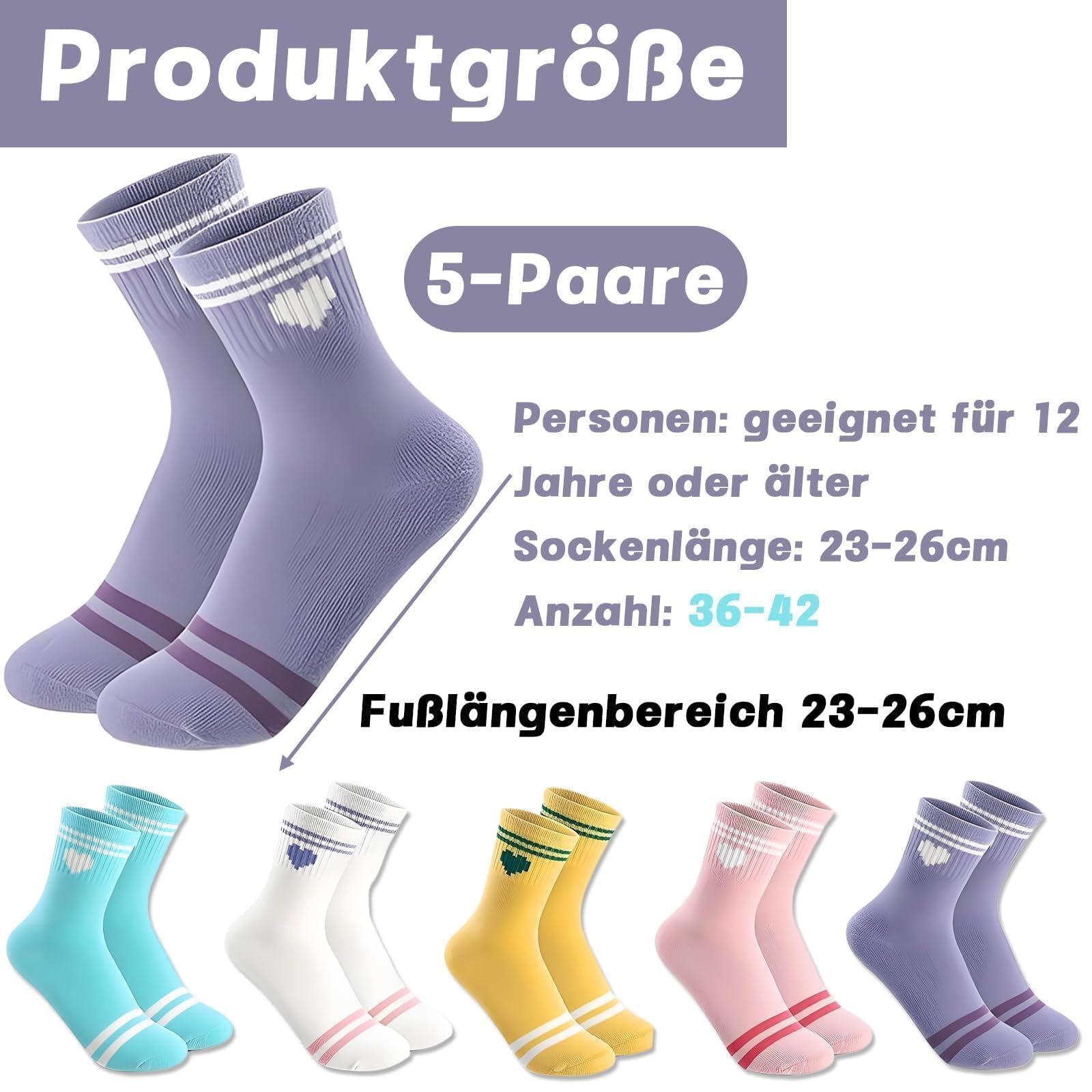 Теннисные носки с сердечками Дышащие 5 пар 36-42 Фиолетовый, Белый, фото №2