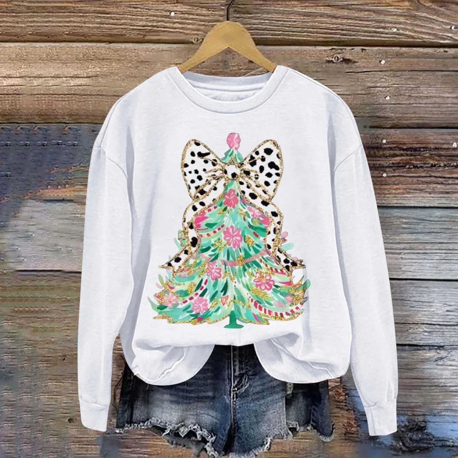 Рождественский свитшот Женский Подарки Пуловер Топы Модный Повседневный Теплый Женский свитшот Длинный рукав Круглый вырез Мягкая рубашка с принтом Зимние свитшоты Топы, фото №3